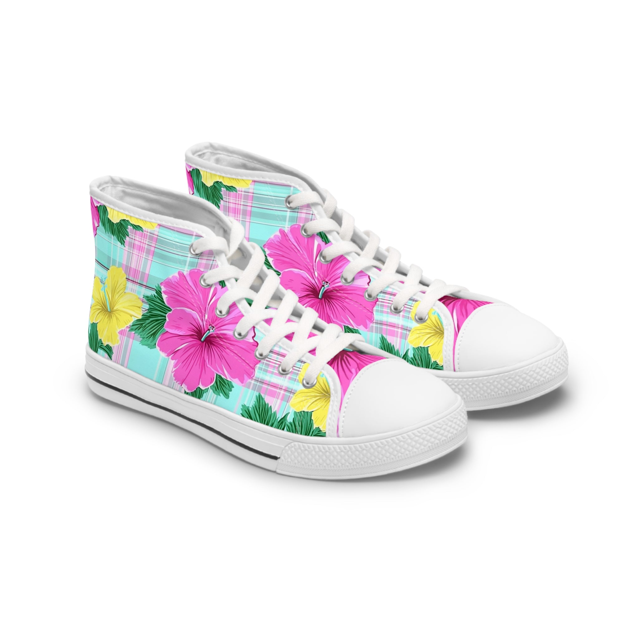 Plaid Hibiscus Pink and Yellow Women's High Top Sneakers, Artsulli - Art is Long, Life is Short, Shoes, Size, US 5.5, Color, White sole, , , 31130170805629308956