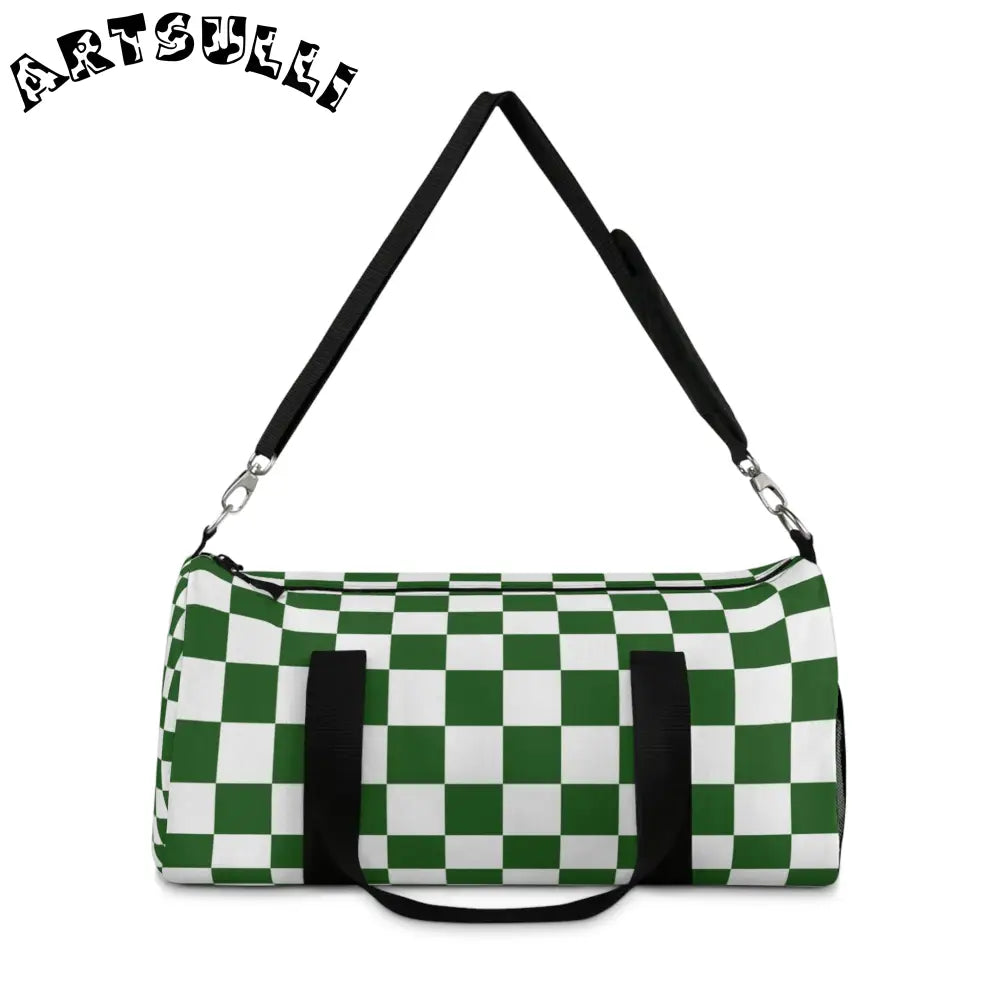 JAKKOUTTHEBXX Checkerboard White and Dark Green Duffel Bag