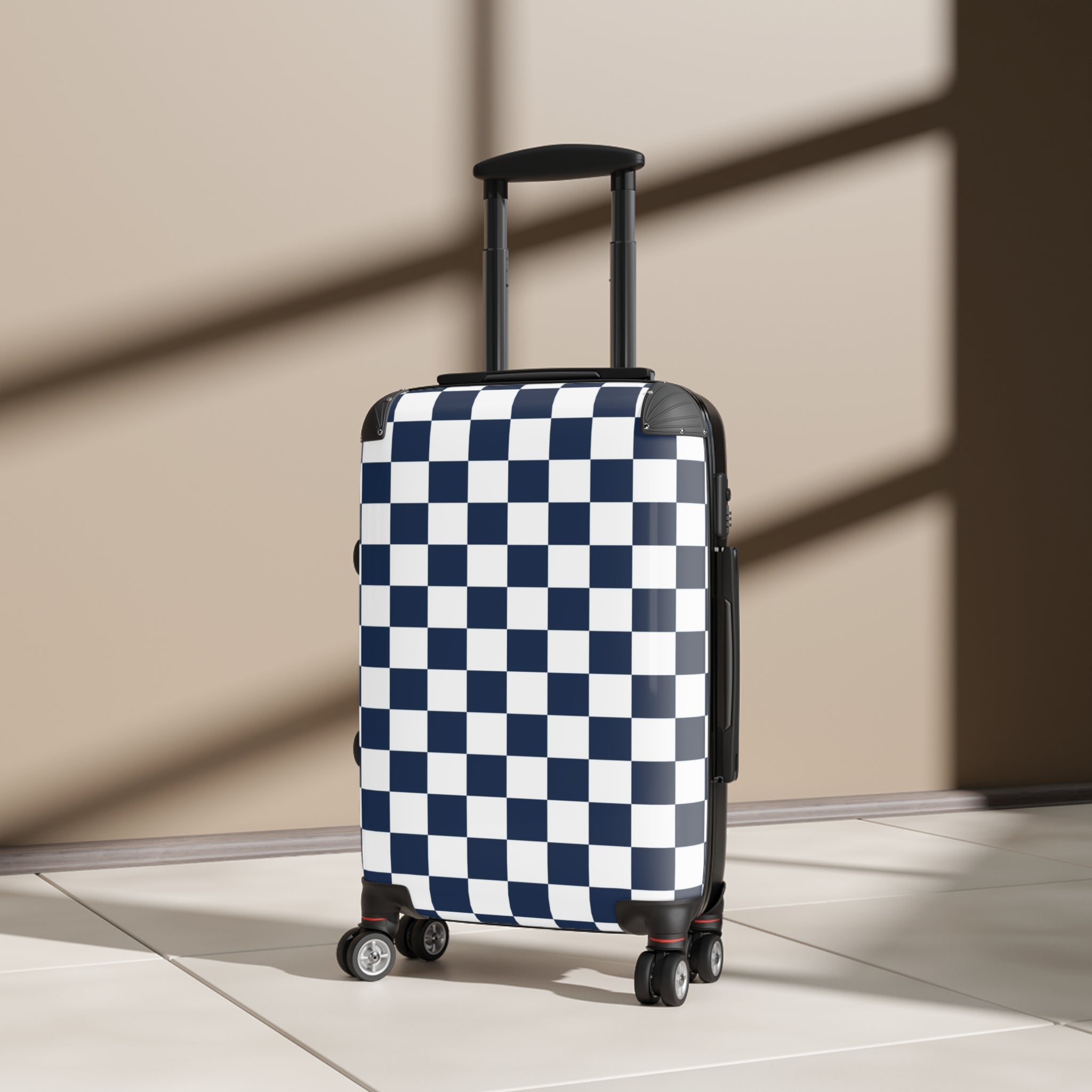 Checkerboard White and Navy Blue Suitcase, Artsulli - Art is Long, Life is Short, Bags, , , , , , , 