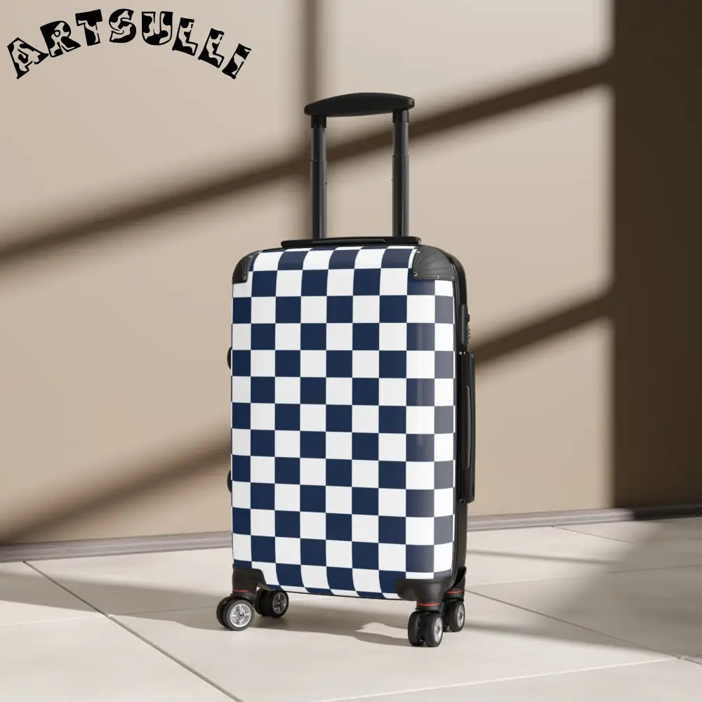 JAKKOUTTHEBXX Checkerboard White and Navy Blue Suitcase