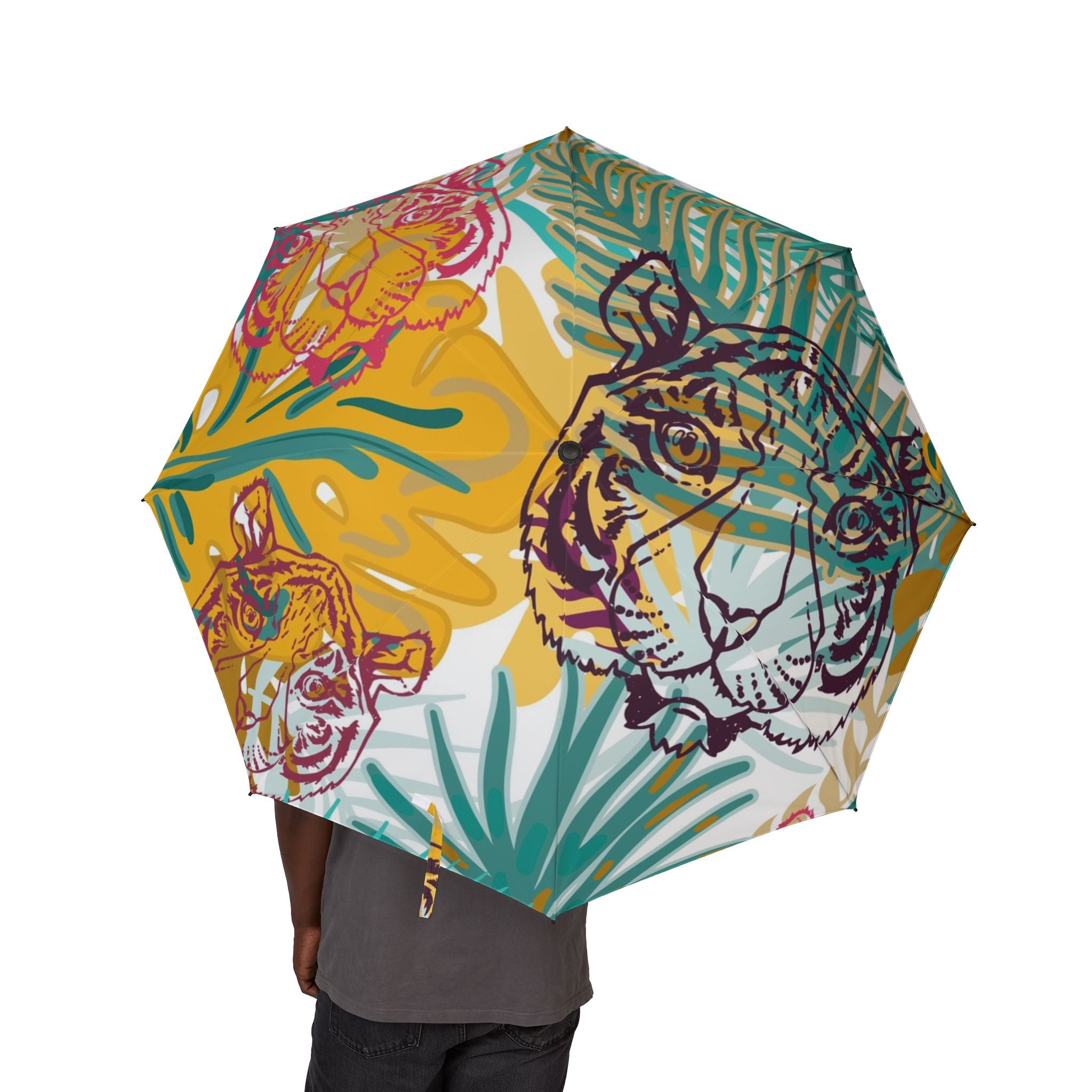Tropical Jungle Tigers Brown and Green Semi-Automatic Foldable Umbrella, Artsulli - Art is Long, Life is Short, Accessories, , , , , , , 