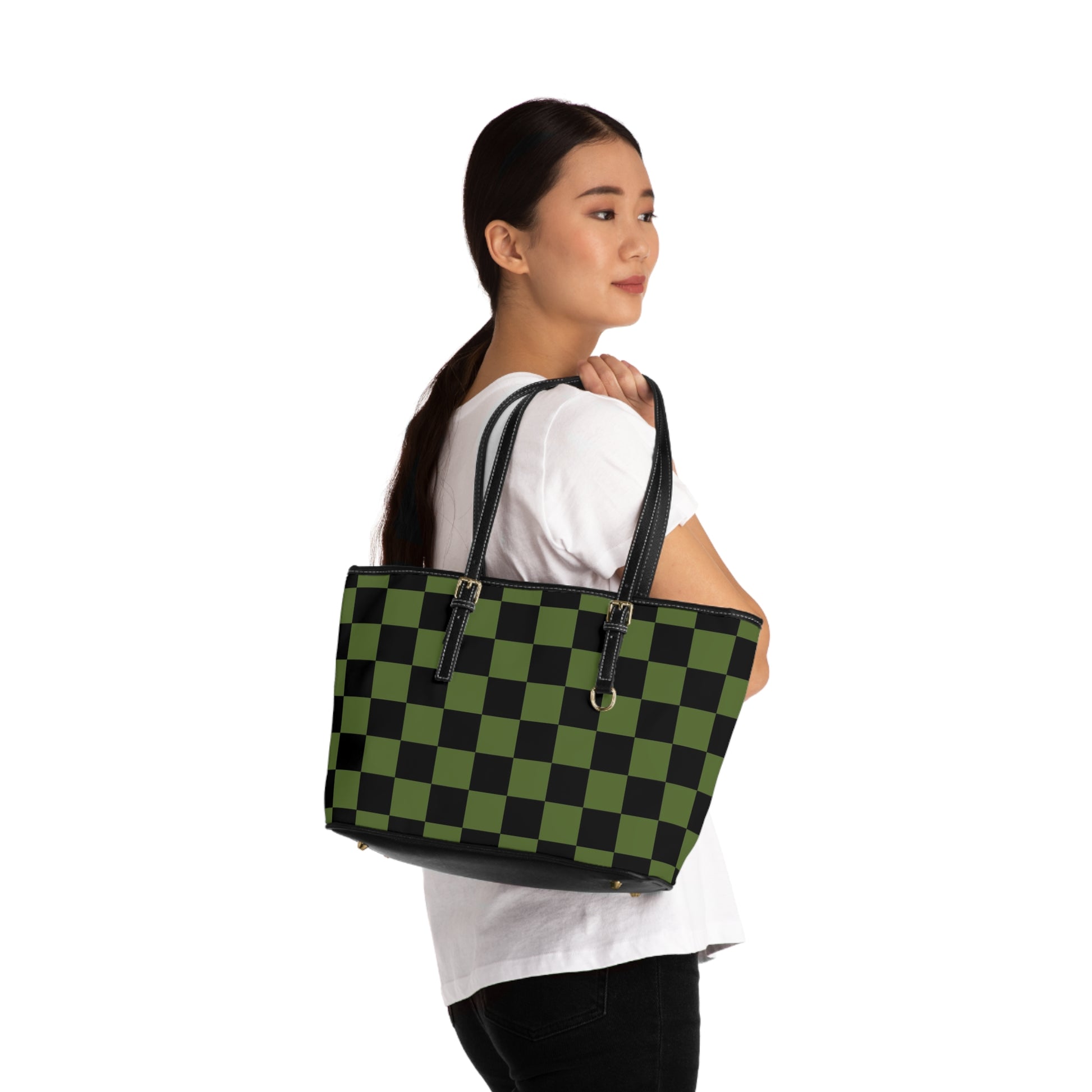 Checkerboard Olive Green and Black PU Leather Shoulder Bag, Artsulli - Art is Long, Life is Short, Bags, , , , , , , 