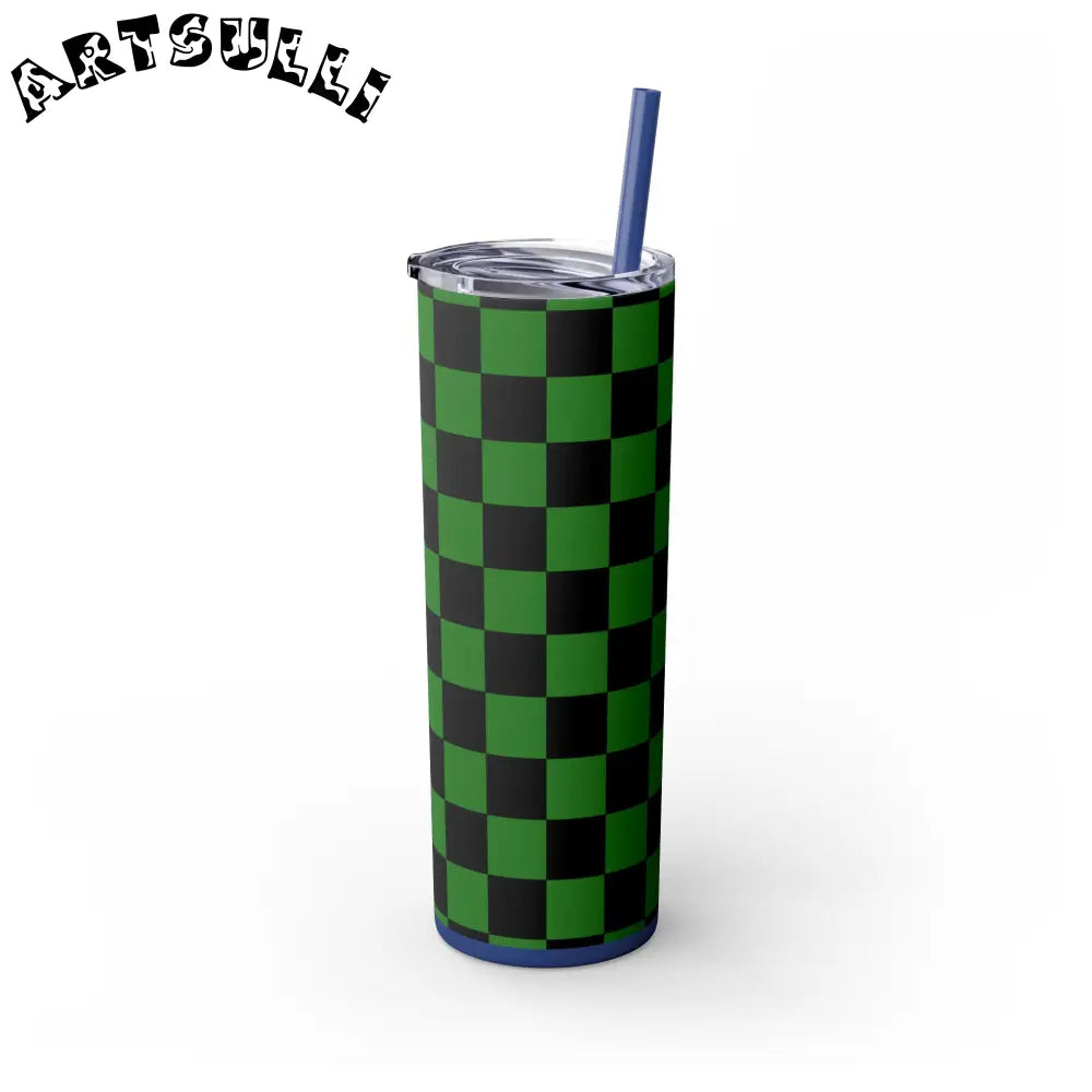JAKKOUTTHEBXX Checkerboard Green and Black Skinny Tumbler with Straw