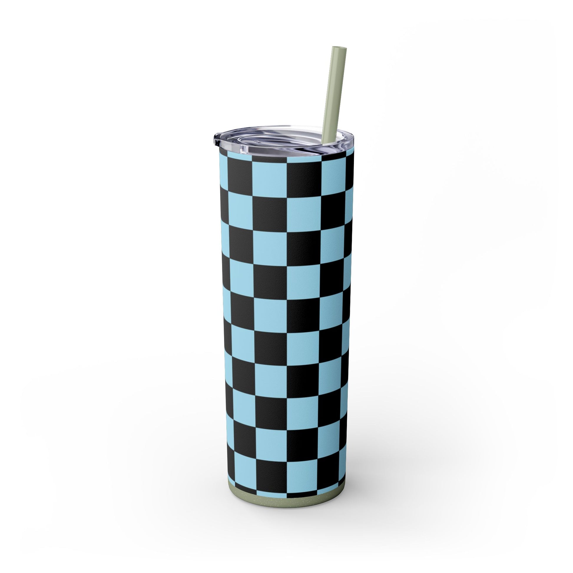 Checkerboard Black and Blue Skinny Tumbler with Straw, 20oz, Artsulli - Art is Long, Life is Short, Mug, , , , , , , 
