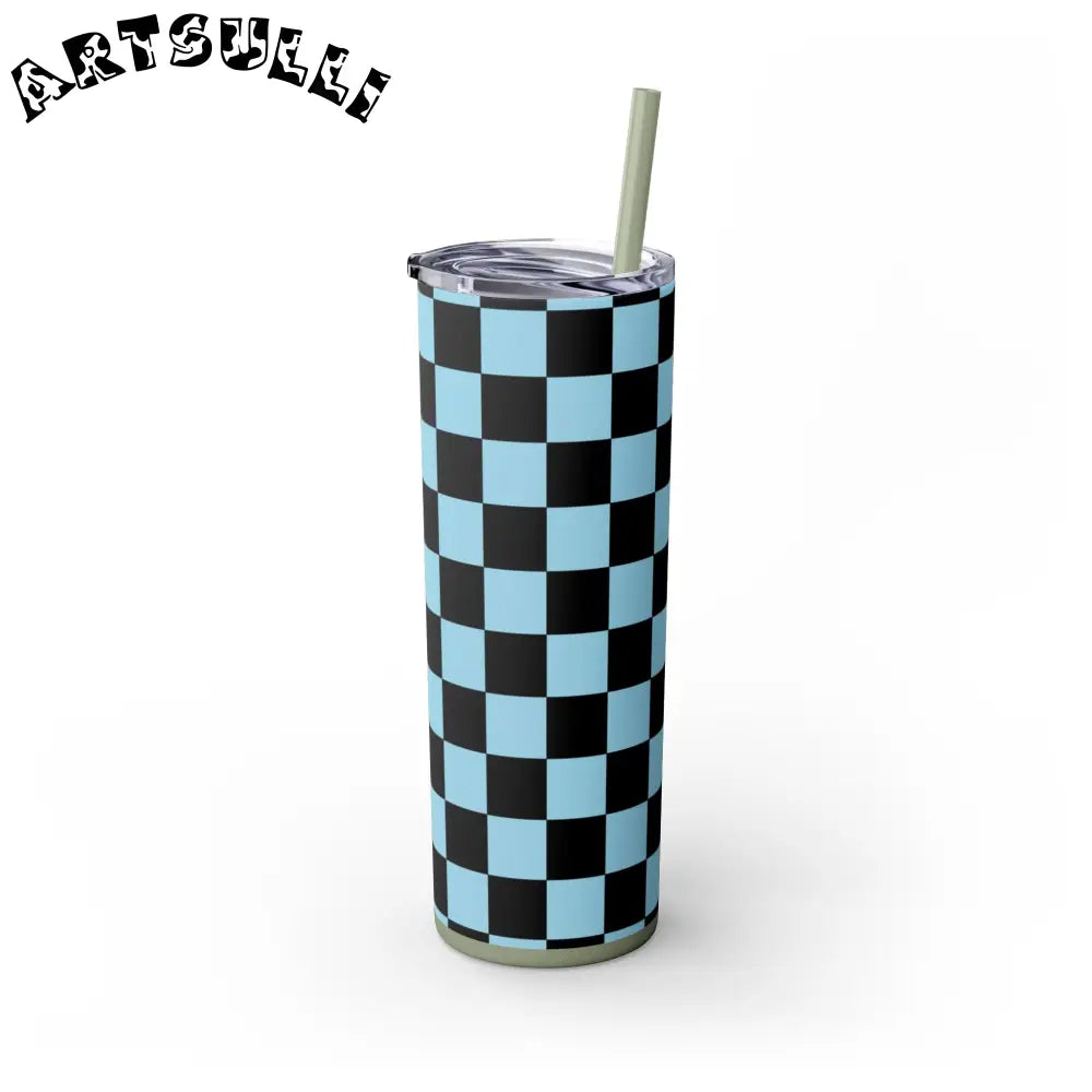 JAKKOUTTHEBXX Checkerboard Black and Blue Skinny Tumbler with Straw