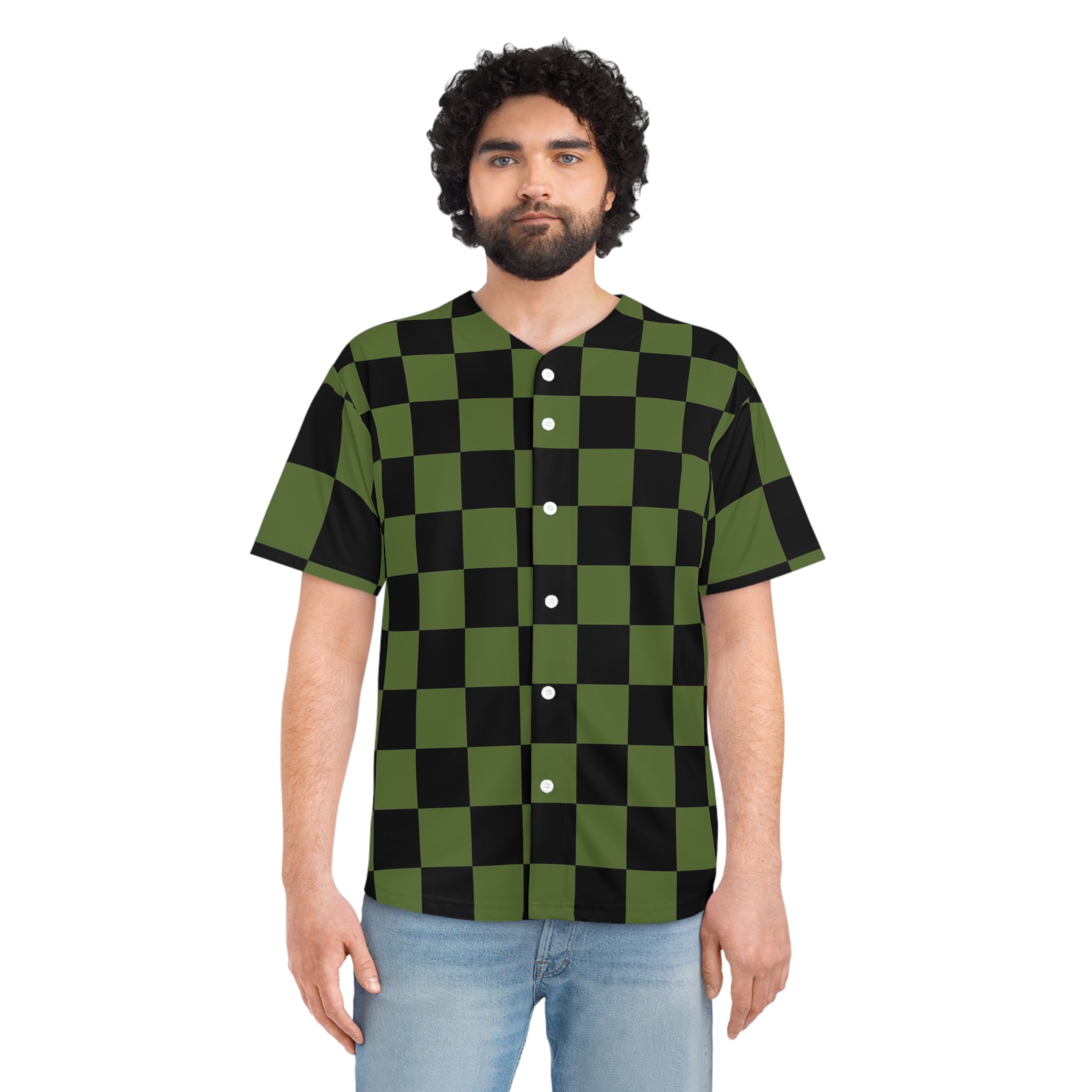 Checkerboard Olive Green and Black Men's Baseball Jersey (AOP), Artsulli - Art is Long, Life is Short, All Over Prints, , , , , , , 