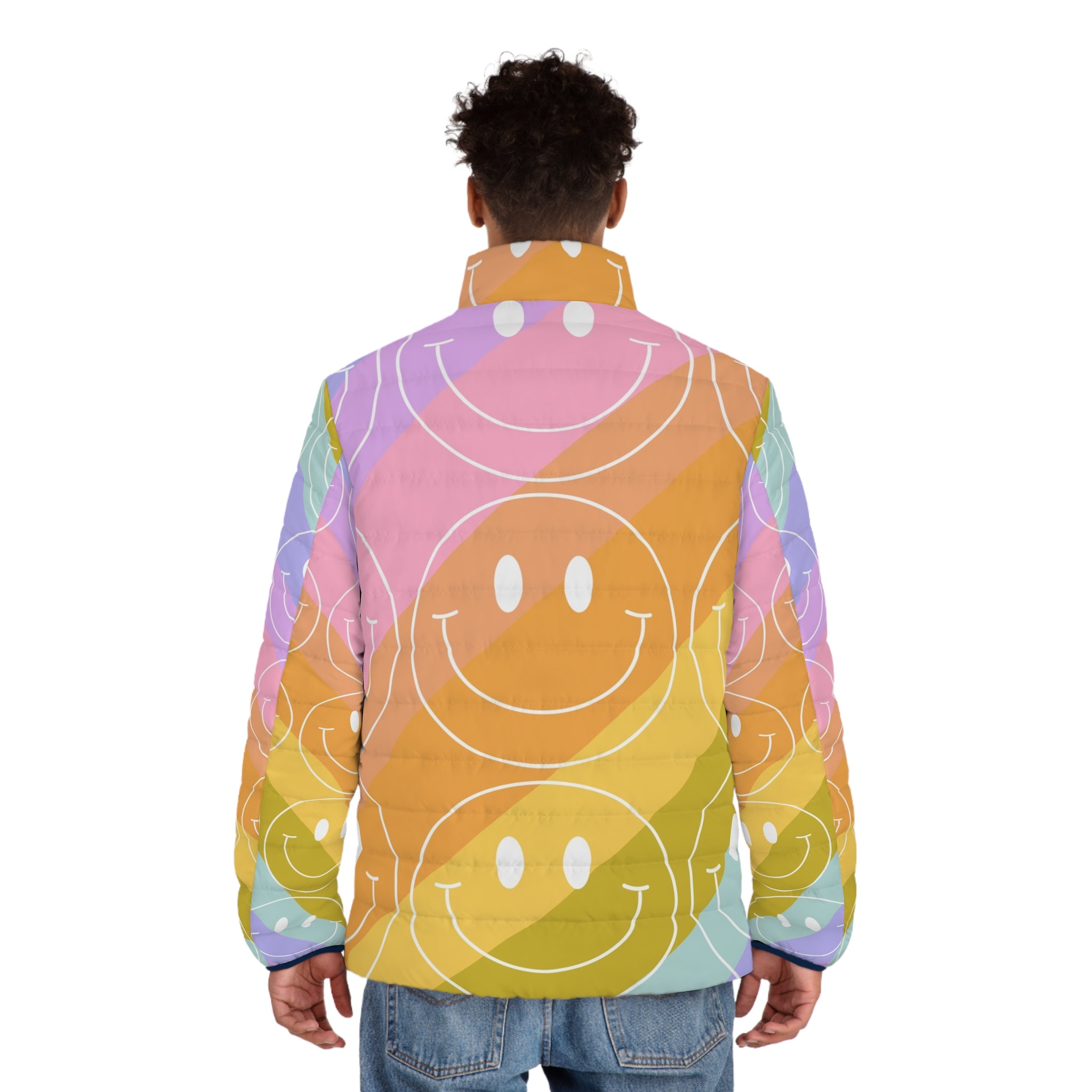 Smiley Face x Rainbow Stripes Multi-Color Men's Puffer Jacket (AOP), Artsulli - Art is Long, Life is Short, All Over Prints, , , , , , , 