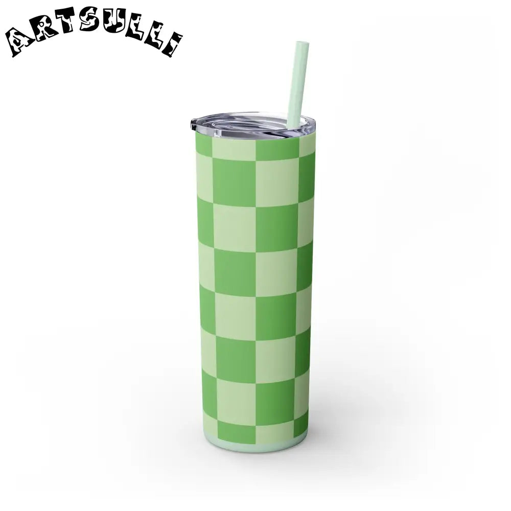 JAKKOUTTHEBXX Checkerboard Green Skinny Tumbler with Straw 20oz