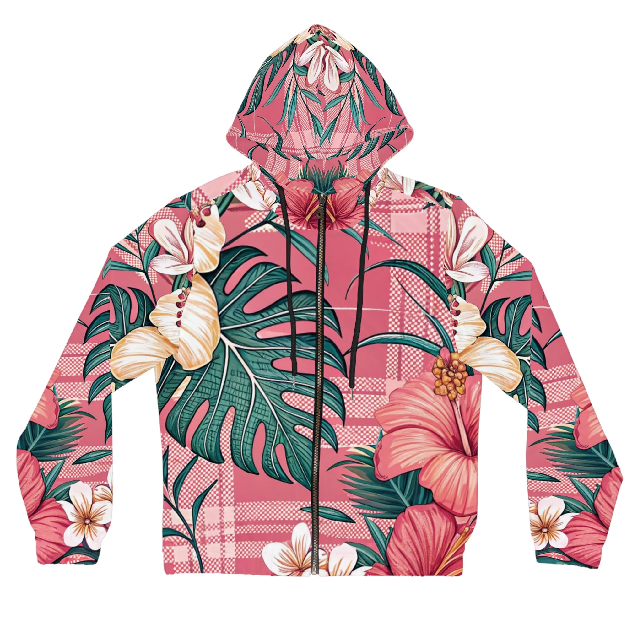 Plaid x Floral Burgundy Women’s Full-Zip Hoodie (AOP), Artsulli - Art is Long, Life is Short, All Over Prints, Size, XS, Color, Black, , , 15826507425044474464