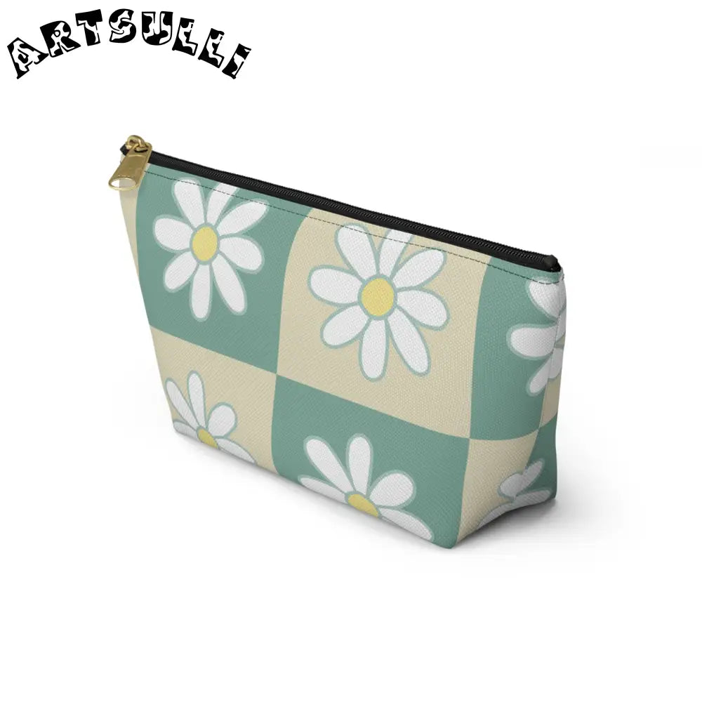 JAKKOUTTHEBXX Retro Daisy Checkerboard Green and Tan Accessory Pouch