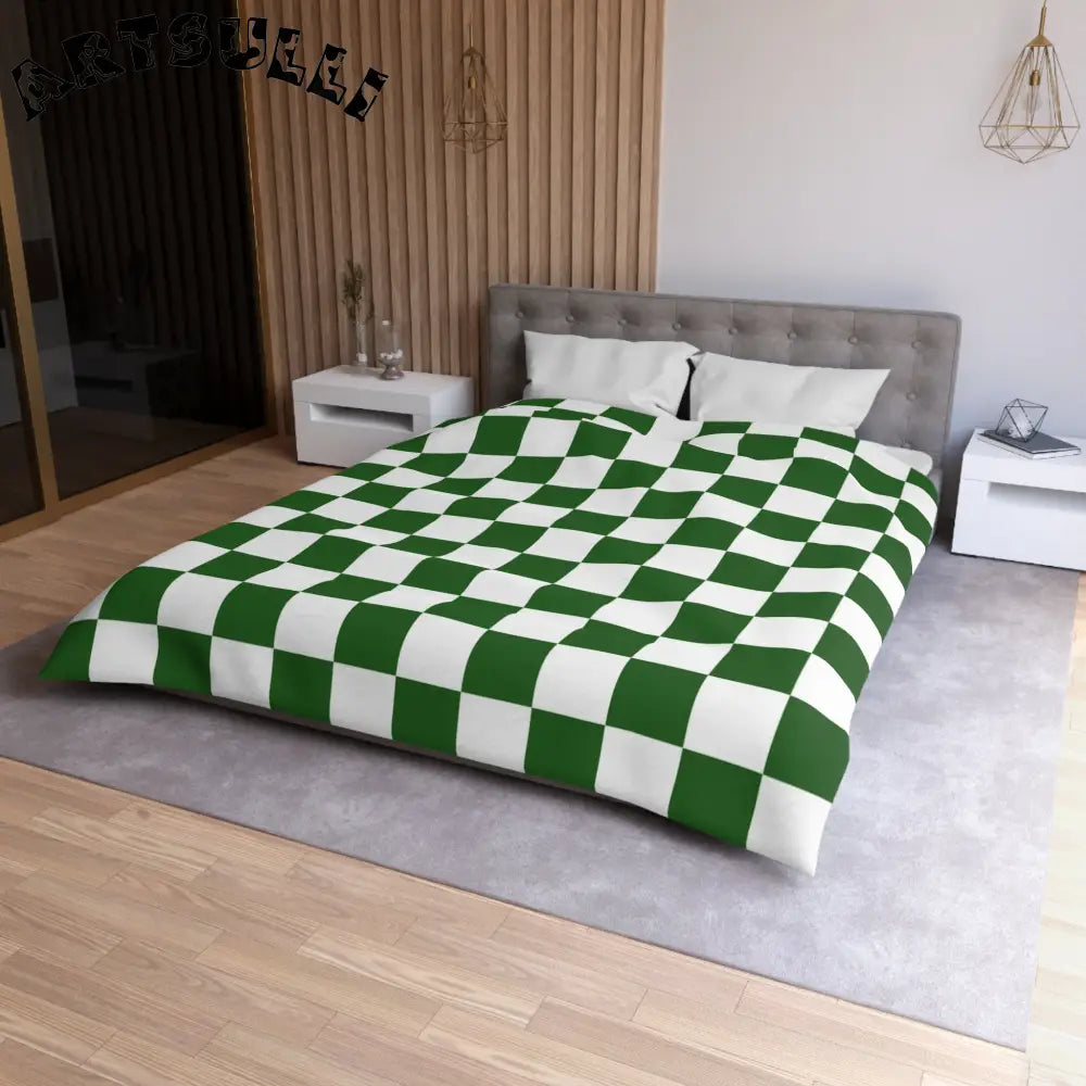 JAKKOUTTHEBXX Checkerboard White and Dark Green Microfiber Duvet