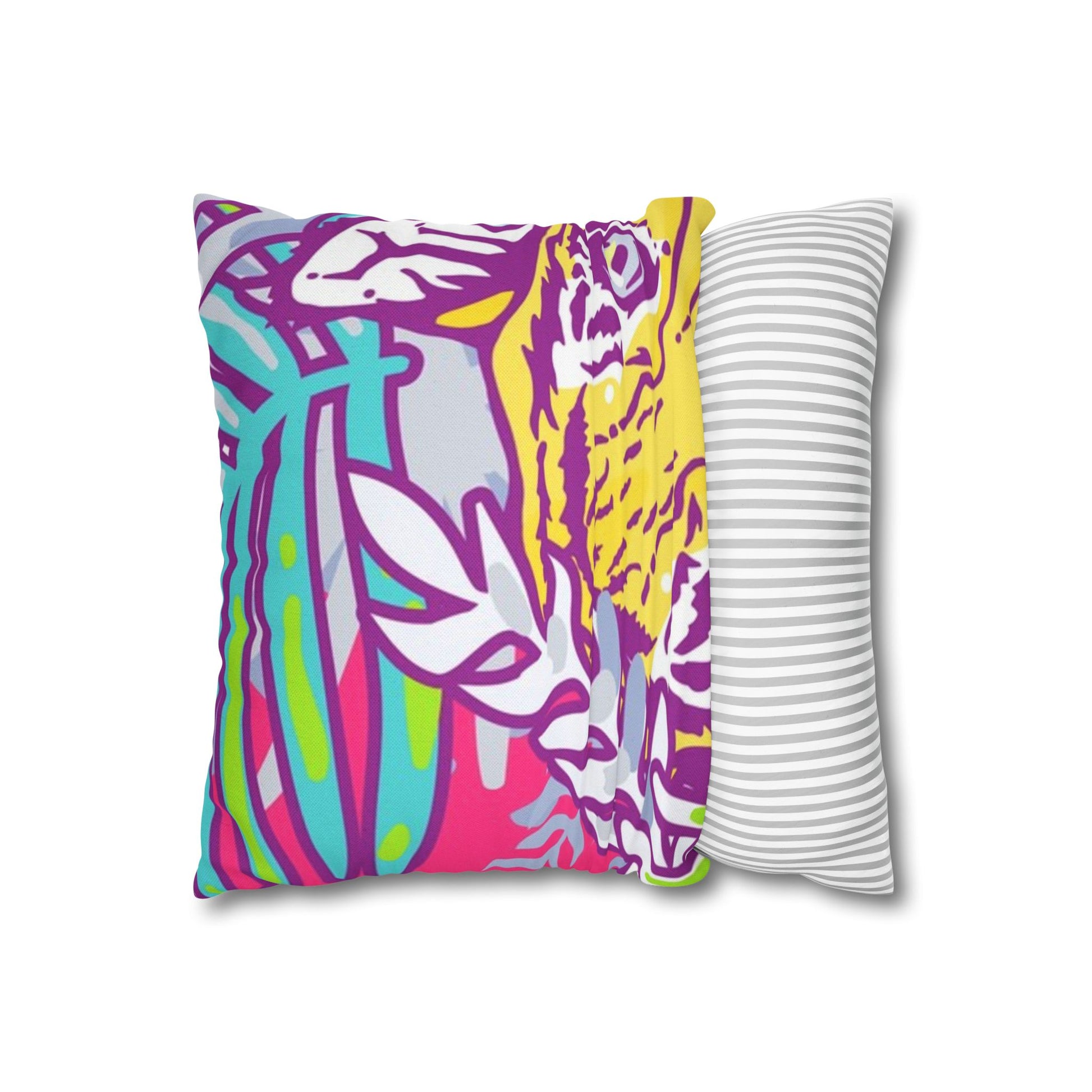Tropical Floral Tigers Torquise and Purple Spun Polyester Square Pillowcase, Artsulli - Art is Long, Life is Short, Home Decor, , , , , , , 