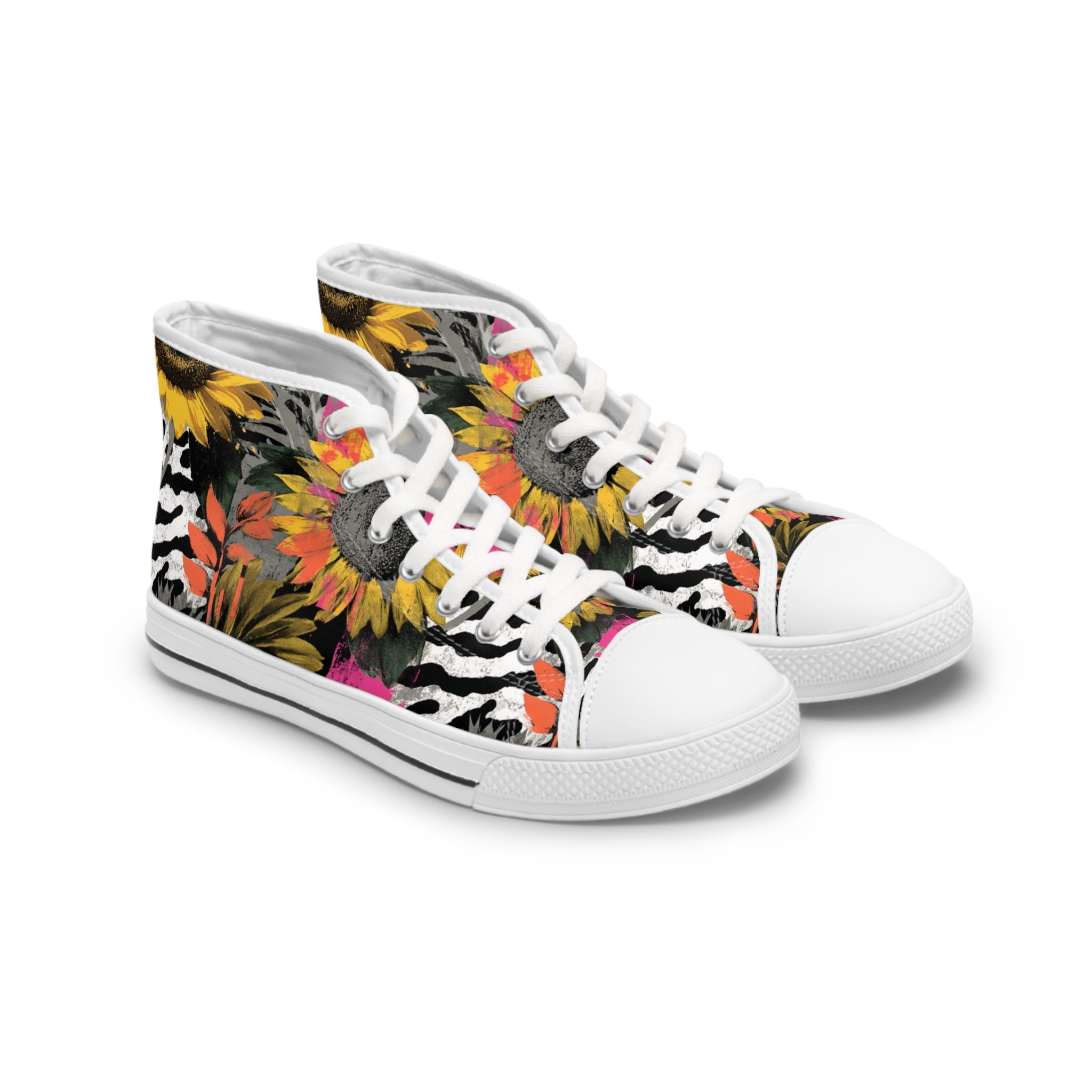 Zebra Stripes x Sunflowers Multi-Color Women's High Top Sneakers, Artsulli - Art is Long, Life is Short, Shoes, Size, US 5.5, Color, White sole, , , 20085864245253959125