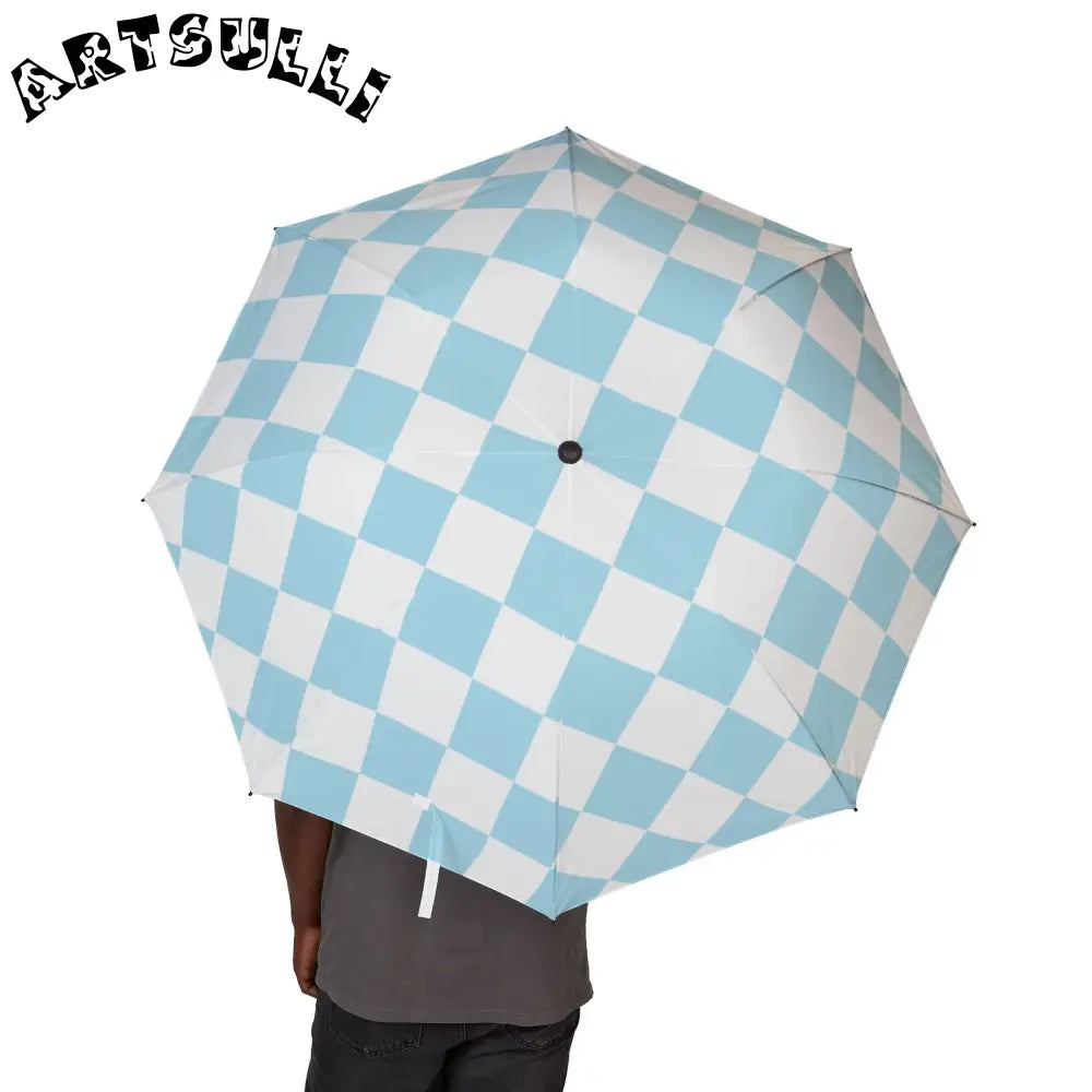 JAKKOUTTHEBXX Checkerboard Sky Blue Semi-Automatic Foldable Umbrella