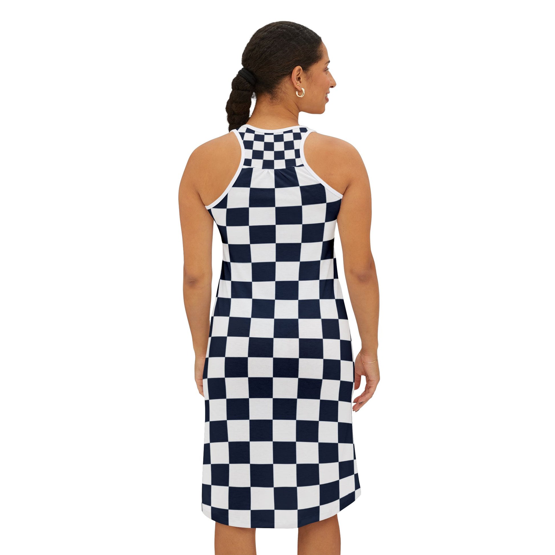 Checkerboard White and Navy Blue Women's Racerback Dress (AOP), Artsulli - Art is Long, Life is Short, Tank Top, , , , , , , 