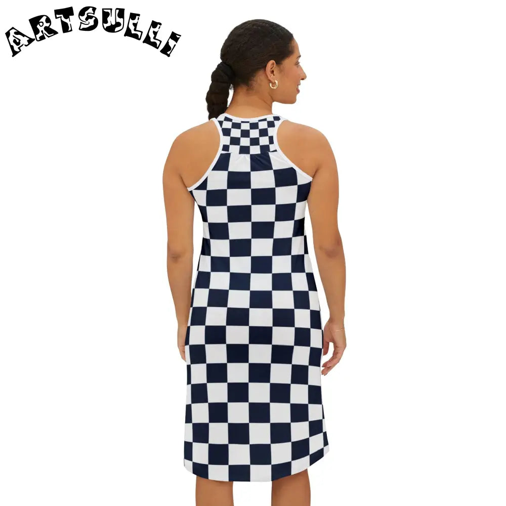 JAKKOUTTHEBXX Checkerboard White and Navy Blue Women’s Racerback