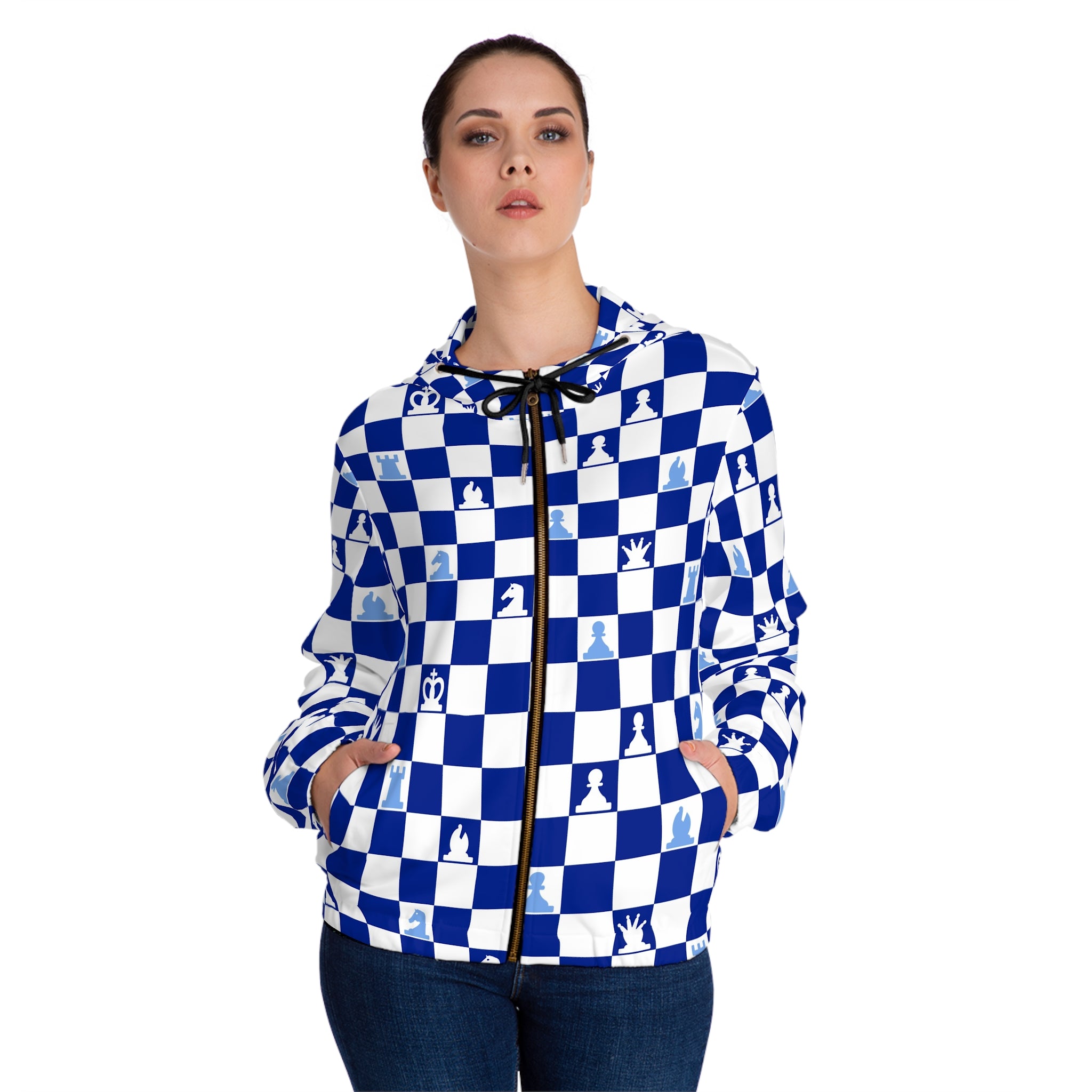 Chessboard Navy Blue Women’s Full-Zip Hoodie (AOP), Artsulli - Art is Long, Life is Short, All Over Prints, , , , , , , 