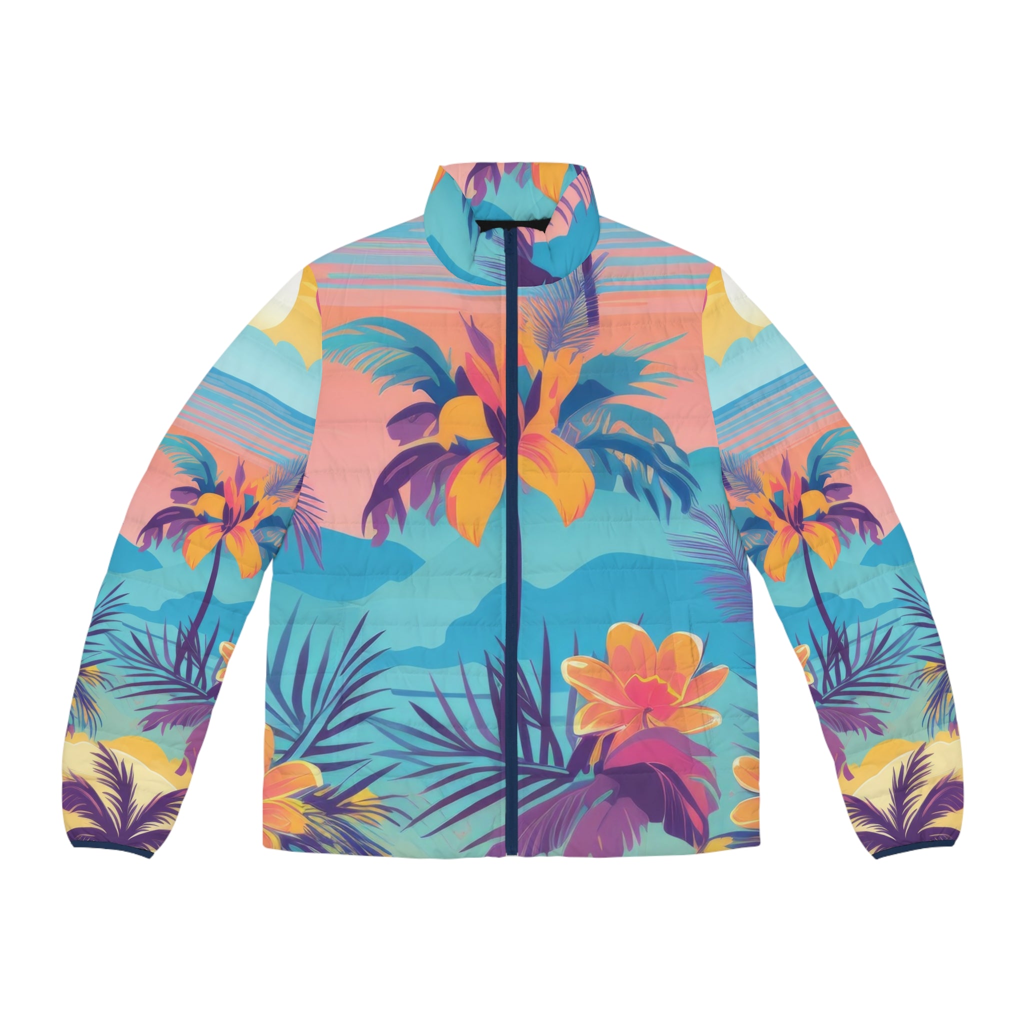 Sunset Paradise Men's Puffer Jacket (AOP), Artsulli - Art is Long, Life is Short, All Over Prints, Size, S, Color, Dark blue zipper, , , 15484465710586784873
