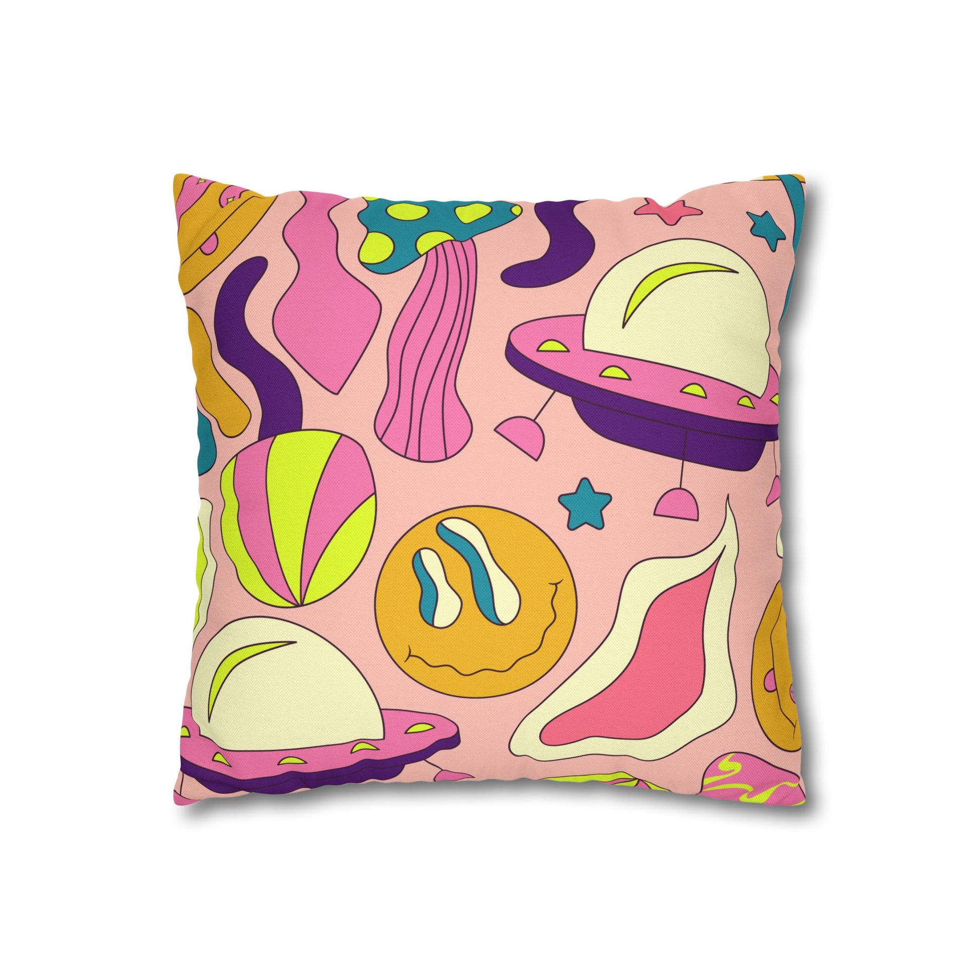 Trippy Spaceships Pink Spun Polyester Square Pillowcase, Artsulli - Art is Long, Life is Short, Home Decor, , , , , , , 