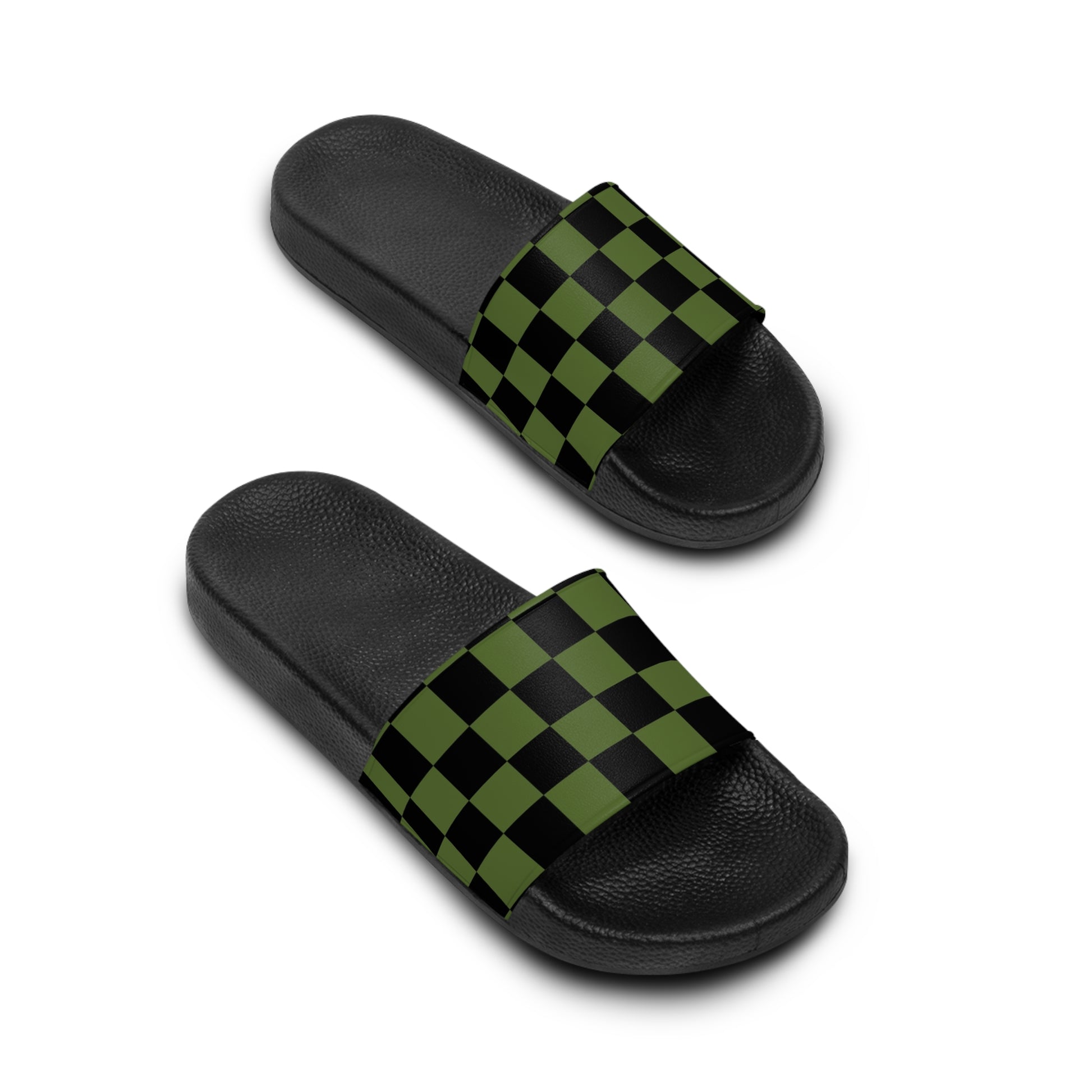 Checkerboard Olive Green and Black Women's Slide Sandals, Artsulli - Art is Long, Life is Short, Shoes, , , , , , , 