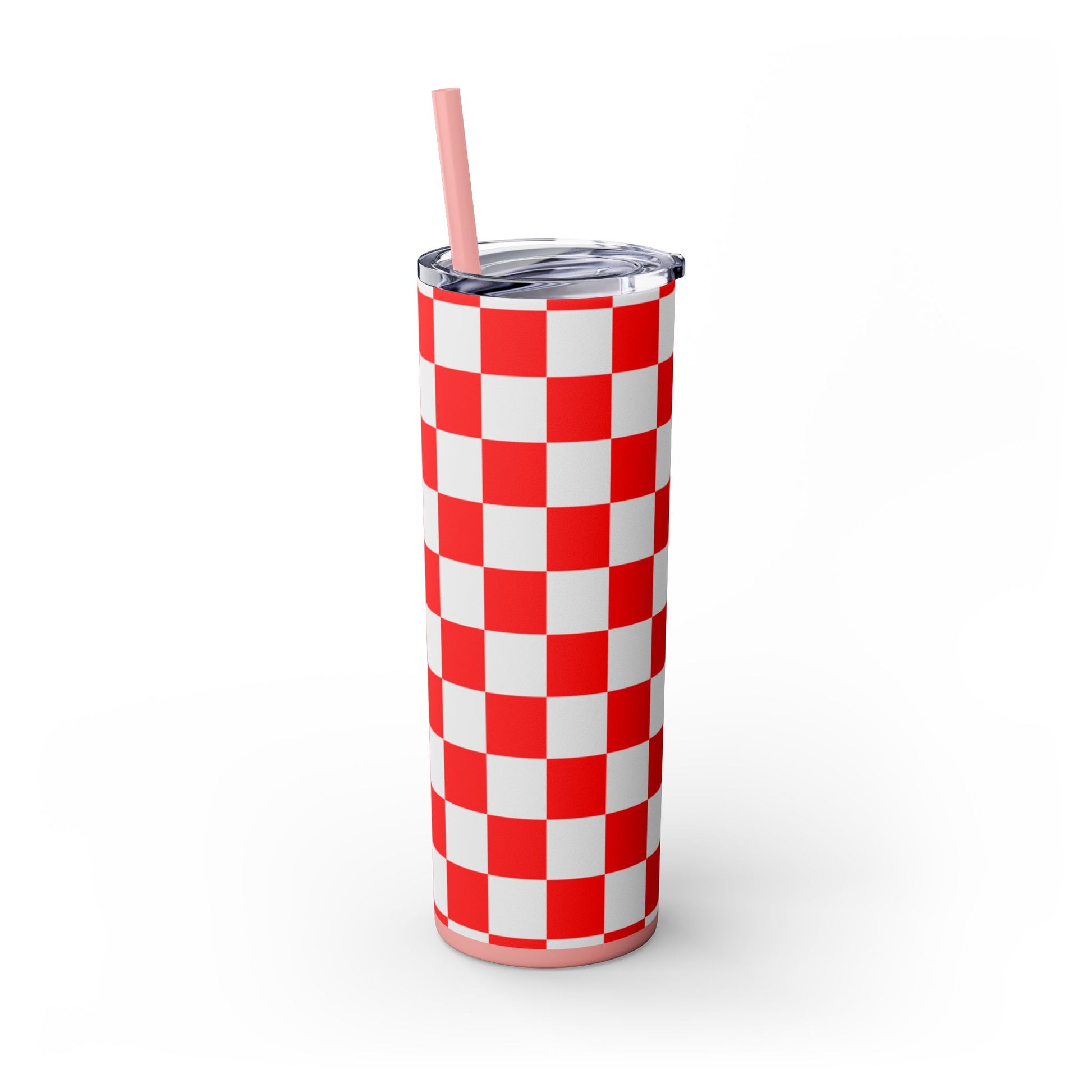 Checkerboard Red and White Skinny Tumbler with Straw, 20oz, Artsulli - Art is Long, Life is Short, Mug, , , , , , , 