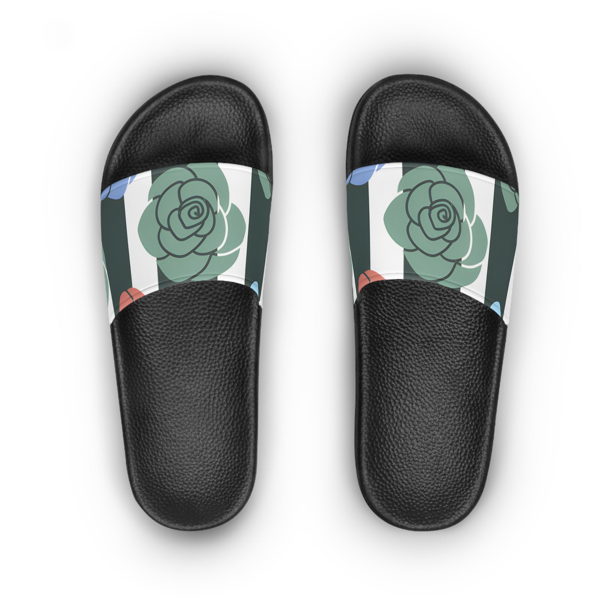 Stripes x Roses Black and White Women's Slide Sandals, Artsulli - Art is Long, Life is Short, Shoes, , , , , , , 