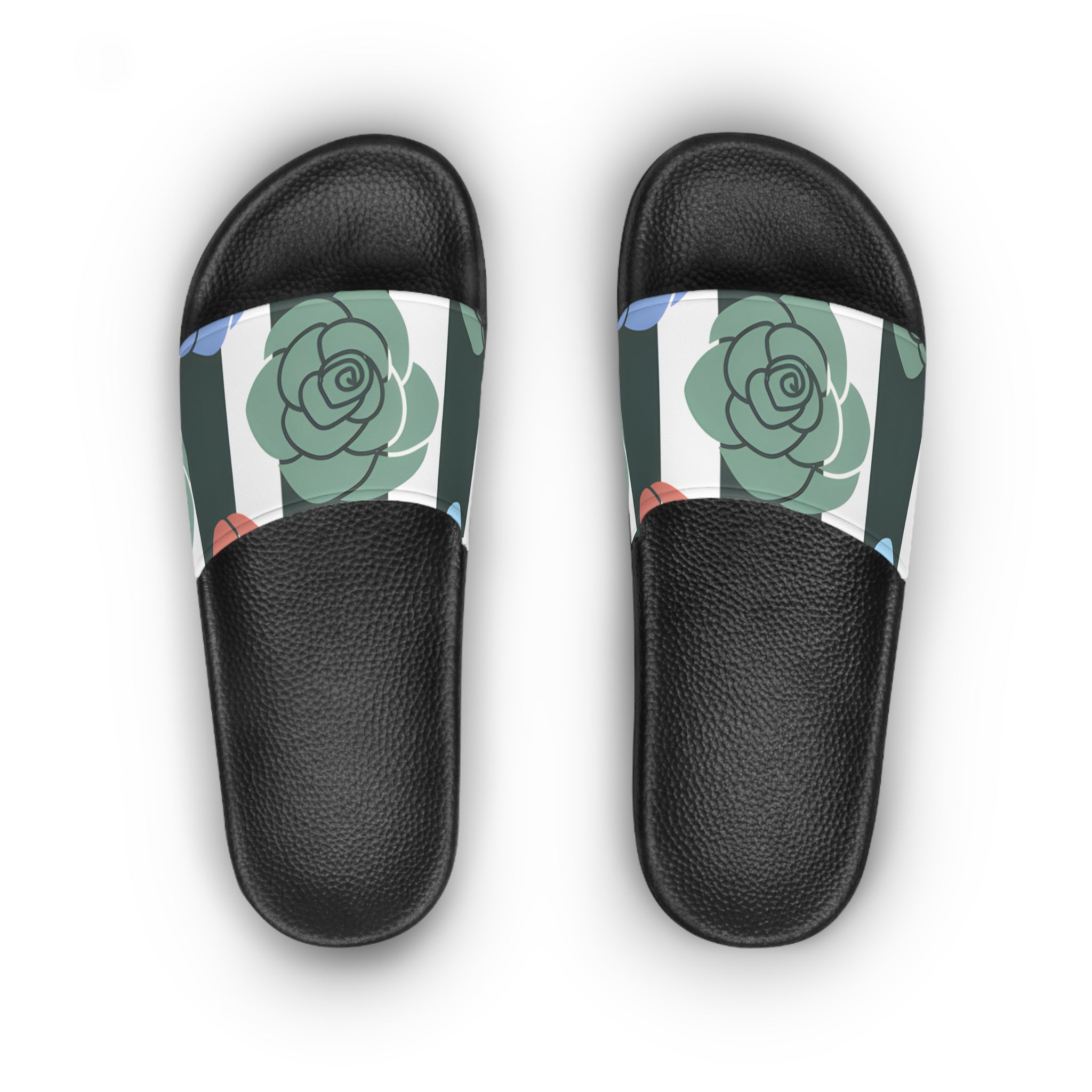Stripes x Roses Black and White Women's Slide Sandals, Artsulli - Art is Long, Life is Short, Shoes, , , , , , , 