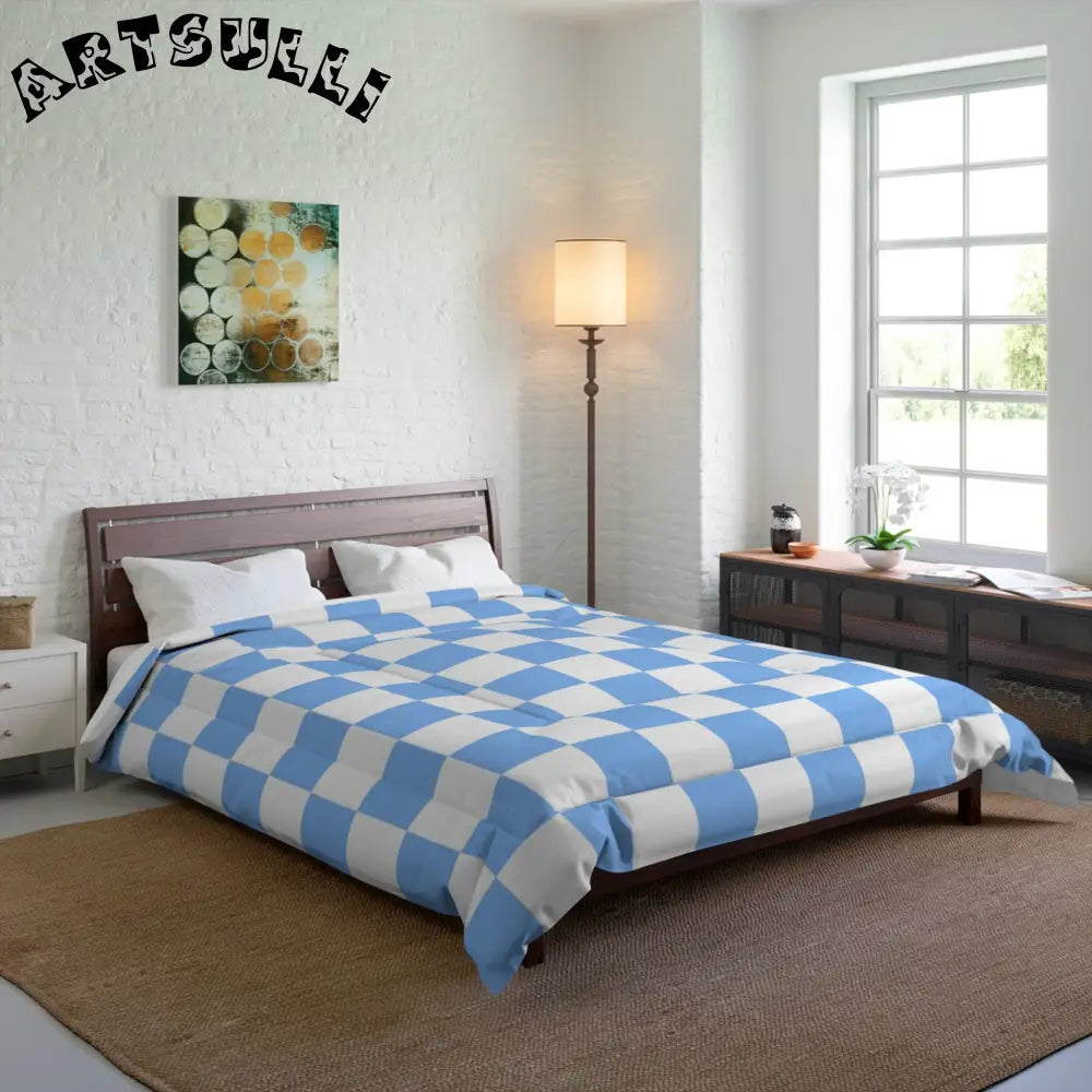 JAKKOUTTHEBXX Checkerboard White and Light Blue Comforter