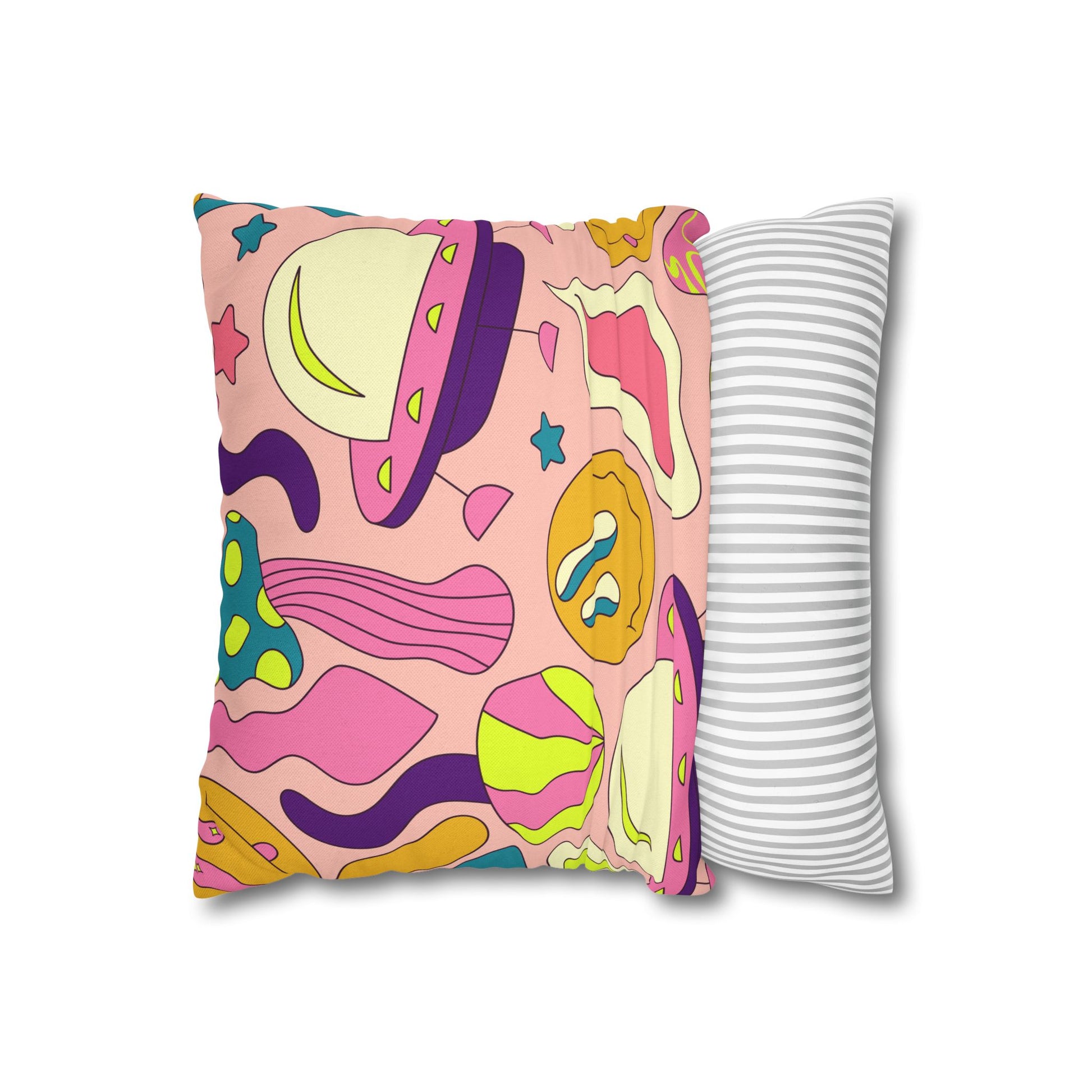 Trippy Spaceships Pink Spun Polyester Square Pillowcase, Artsulli - Art is Long, Life is Short, Home Decor, , , , , , , 