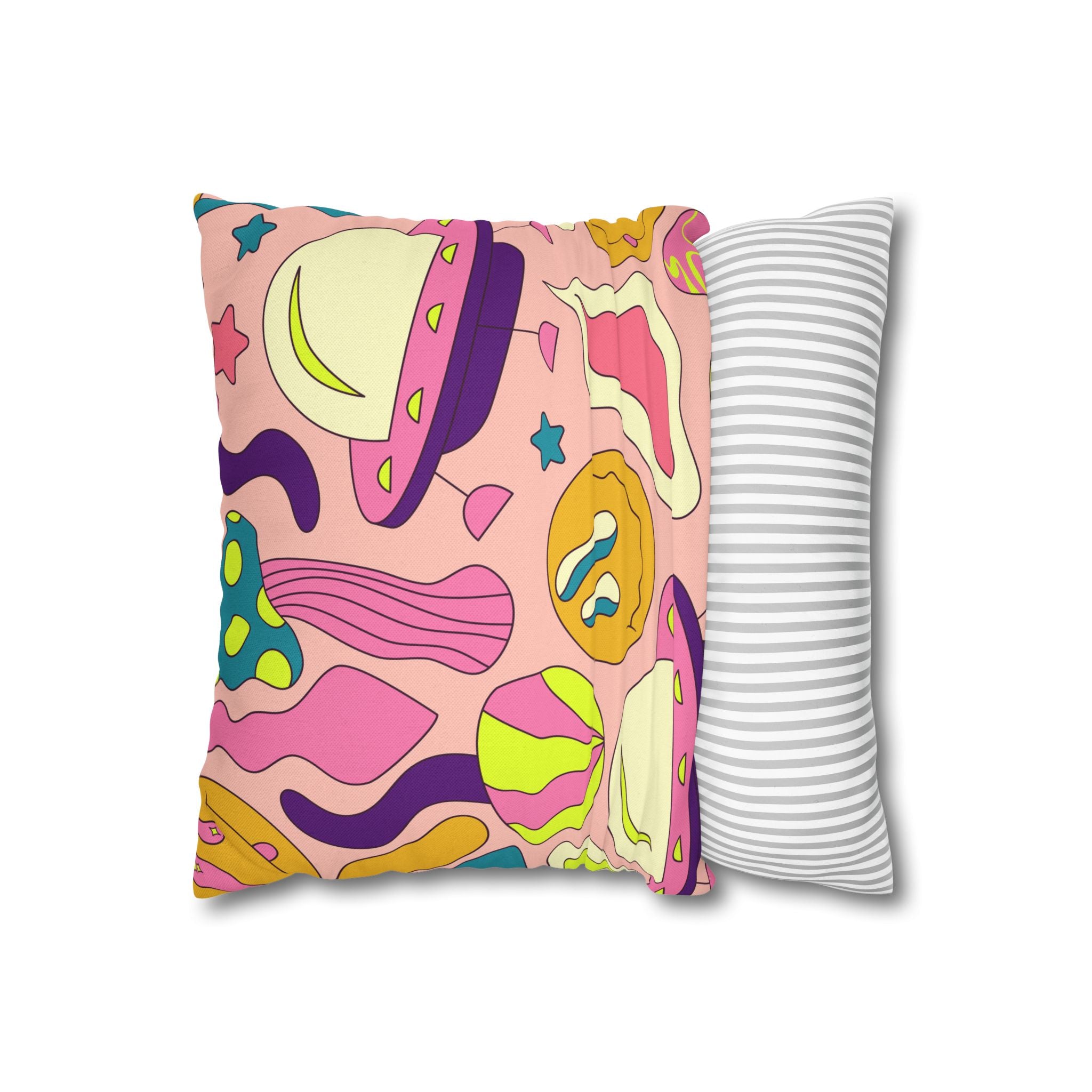 Trippy Spaceships Pink Spun Polyester Square Pillowcase, Artsulli - Art is Long, Life is Short, Home Decor, , , , , , , 