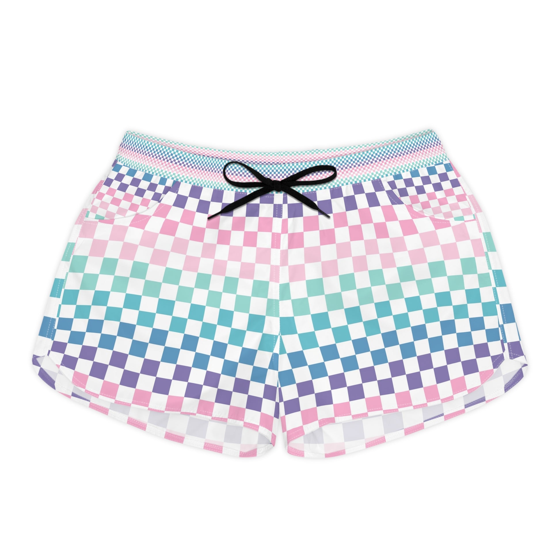 Vaporwave Rainbow  Checkerboard Multi-Color Women's Casual Shorts (AOP), Artsulli - Art is Long, Life is Short, All Over Prints, Size, S, Color, Black drawstring, , , 20447010105700483642