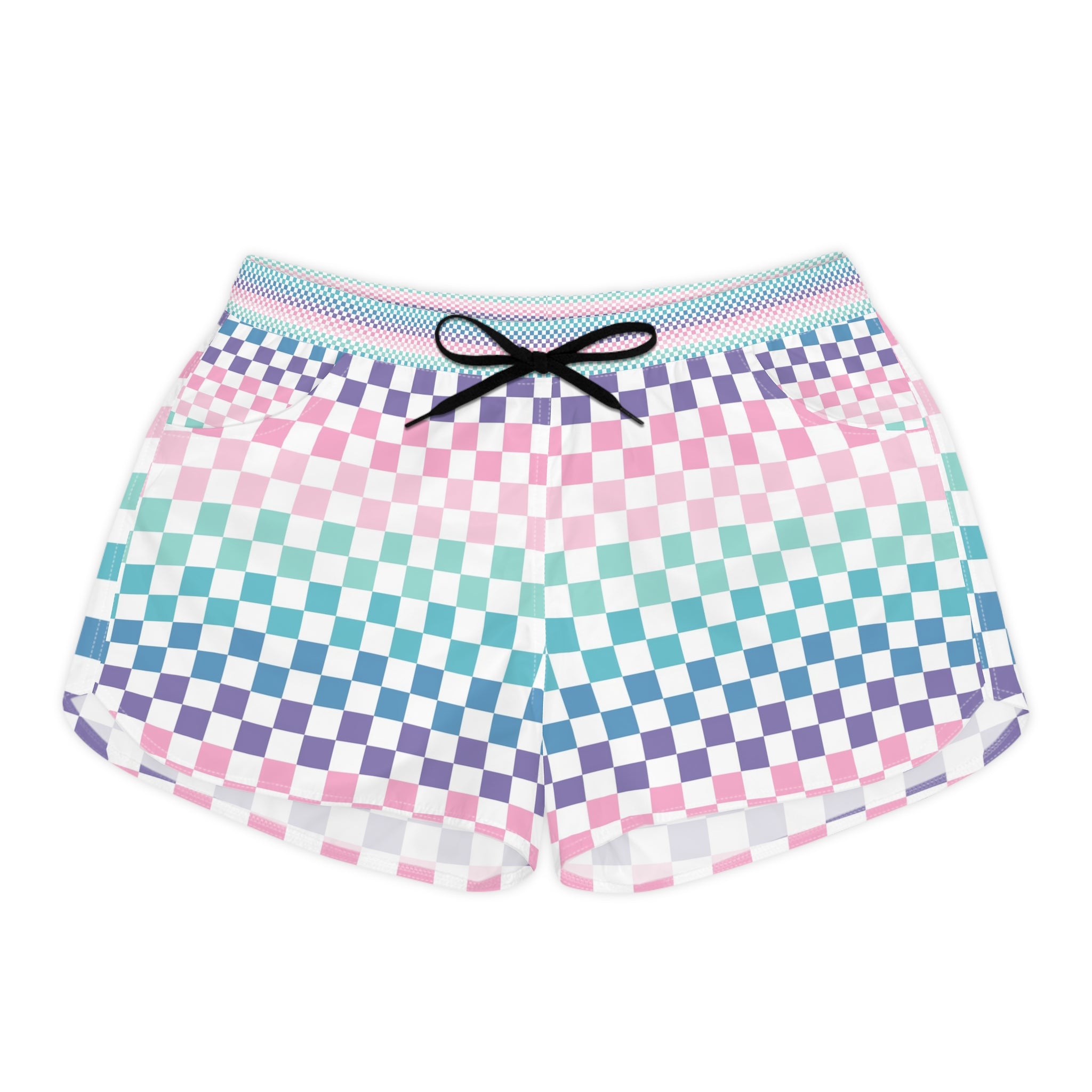 Vaporwave Rainbow  Checkerboard Multi-Color Women's Casual Shorts (AOP), Artsulli - Art is Long, Life is Short, All Over Prints, Size, S, Color, Black drawstring, , , 20447010105700483642