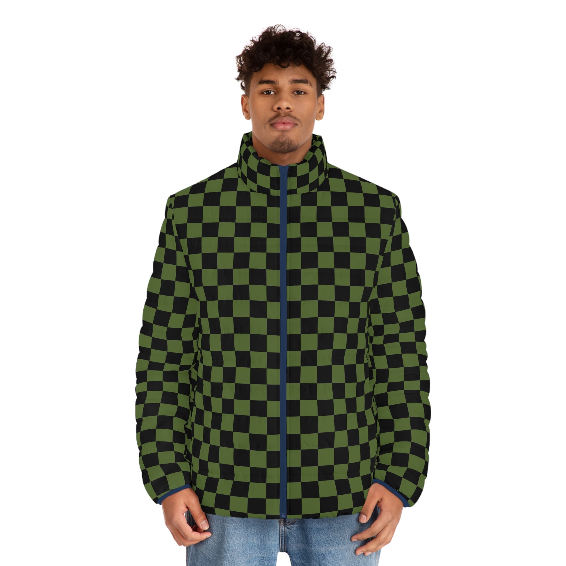 Checkerboard Olive Green and Black Men's Puffer Jacket (AOP), Artsulli - Art is Long, Life is Short, All Over Prints, , , , , , , 