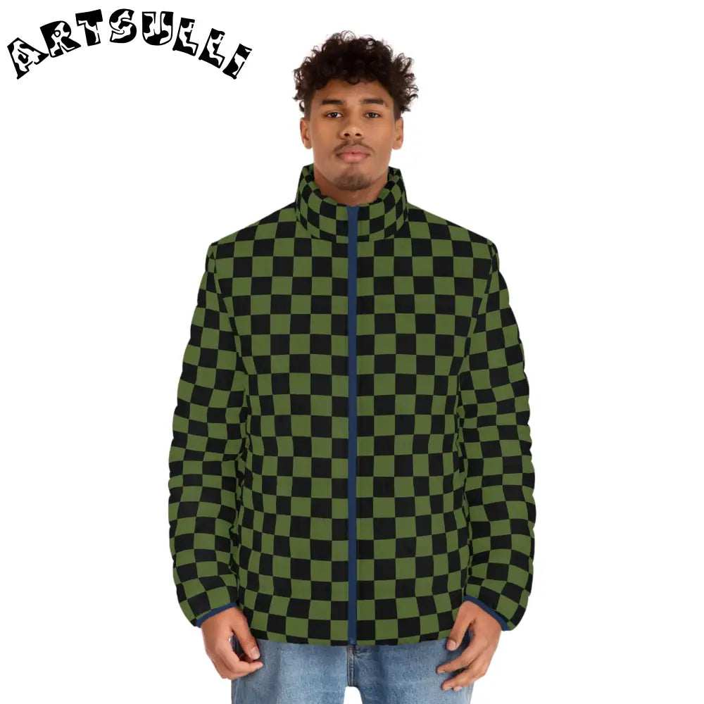 JAKKOUTTHEBXX Checkerboard Olive Green and Black Men’s Puffer Jacket