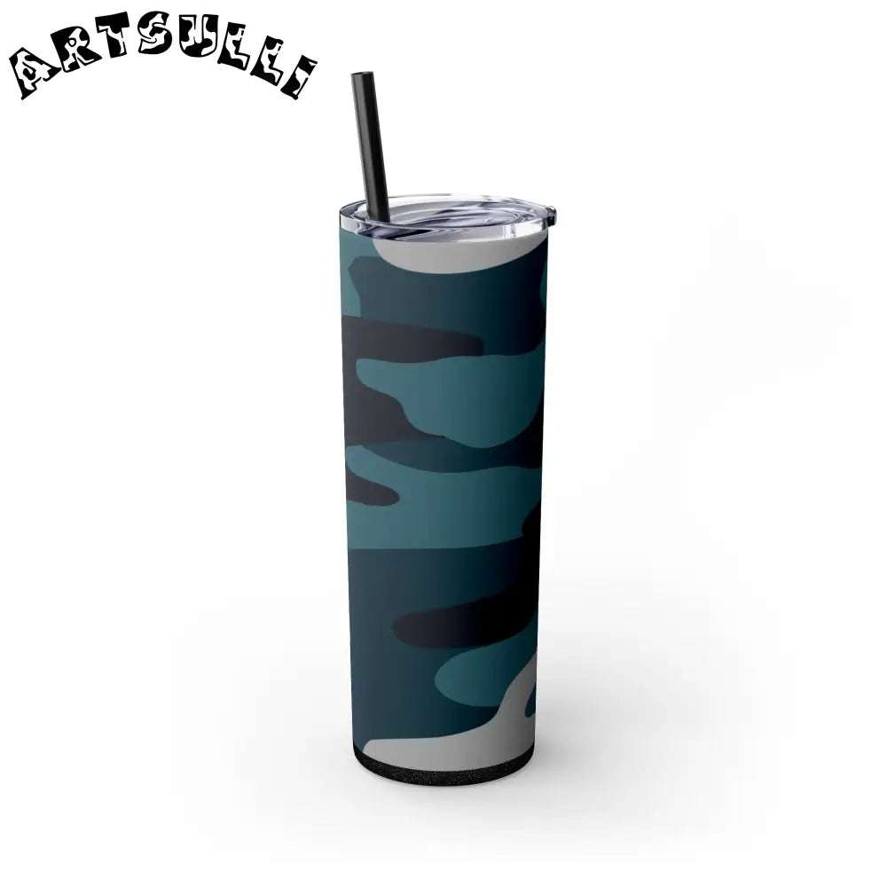 JAKKOUTTHEBXX Blue Camouflage Skinny Tumbler with Straw 20oz