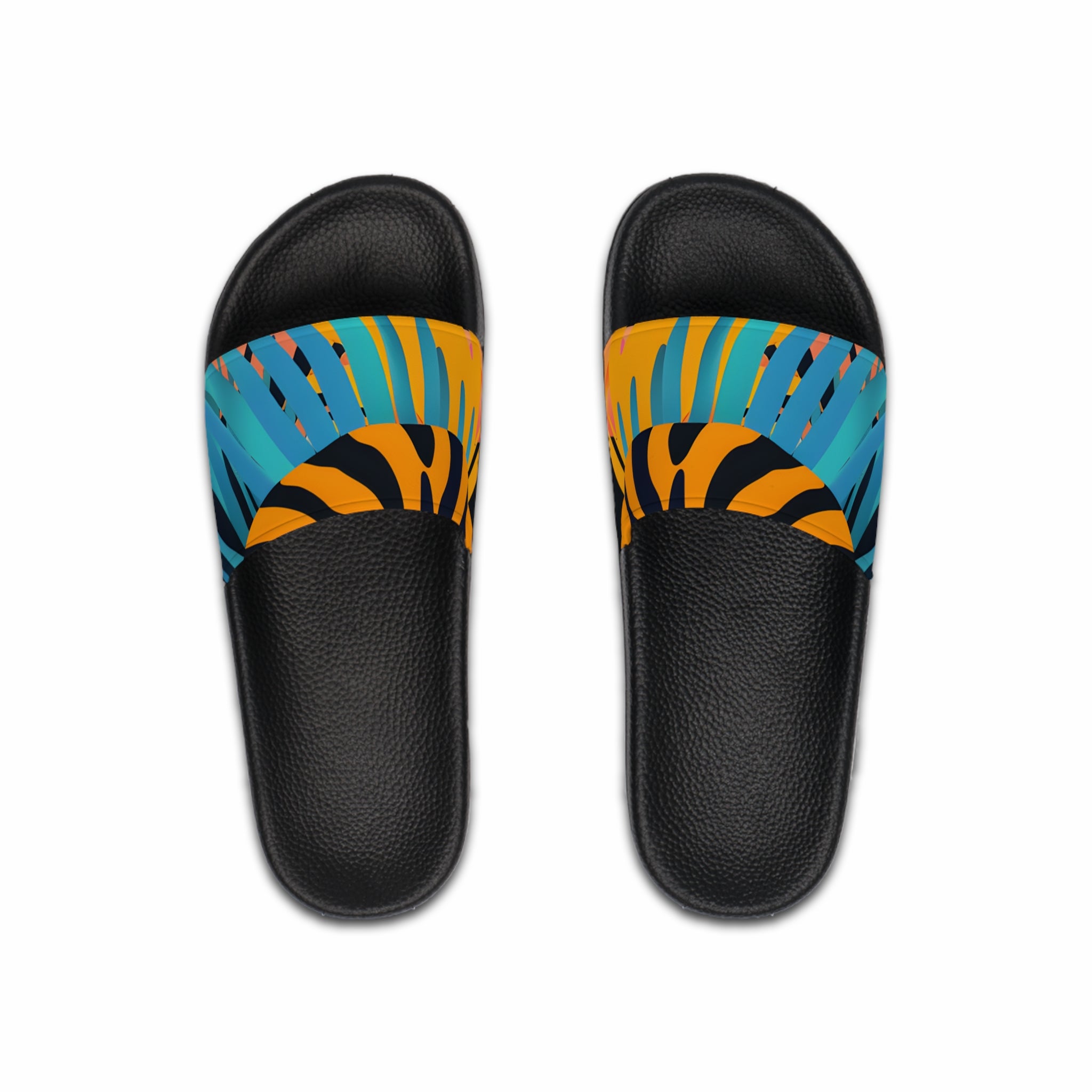 Palm Leaves x Tiger Stripes Orange and Blue Men's Slide Sandals, Artsulli - Art is Long, Life is Short, Shoes, Color, Black sole, Size, US 6, , , 89570351341111