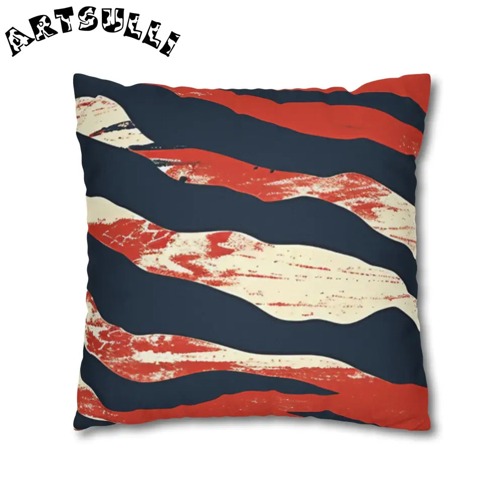 JAKKOUTTHEBXX Abstract Red White Navy Blue Wavy Stripe Square Pillow