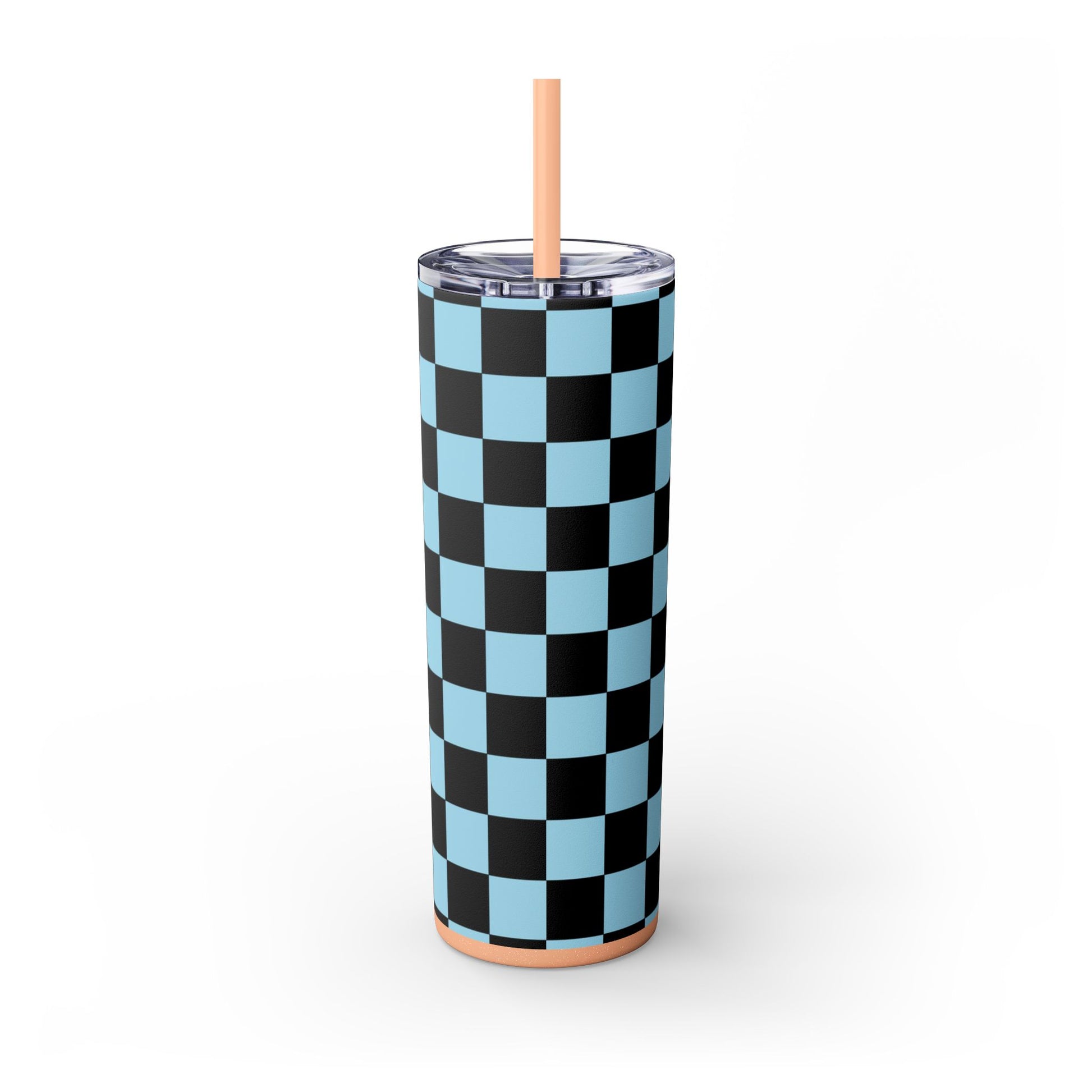Checkerboard Black and Blue Skinny Tumbler with Straw, 20oz, Artsulli - Art is Long, Life is Short, Mug, , , , , , , 
