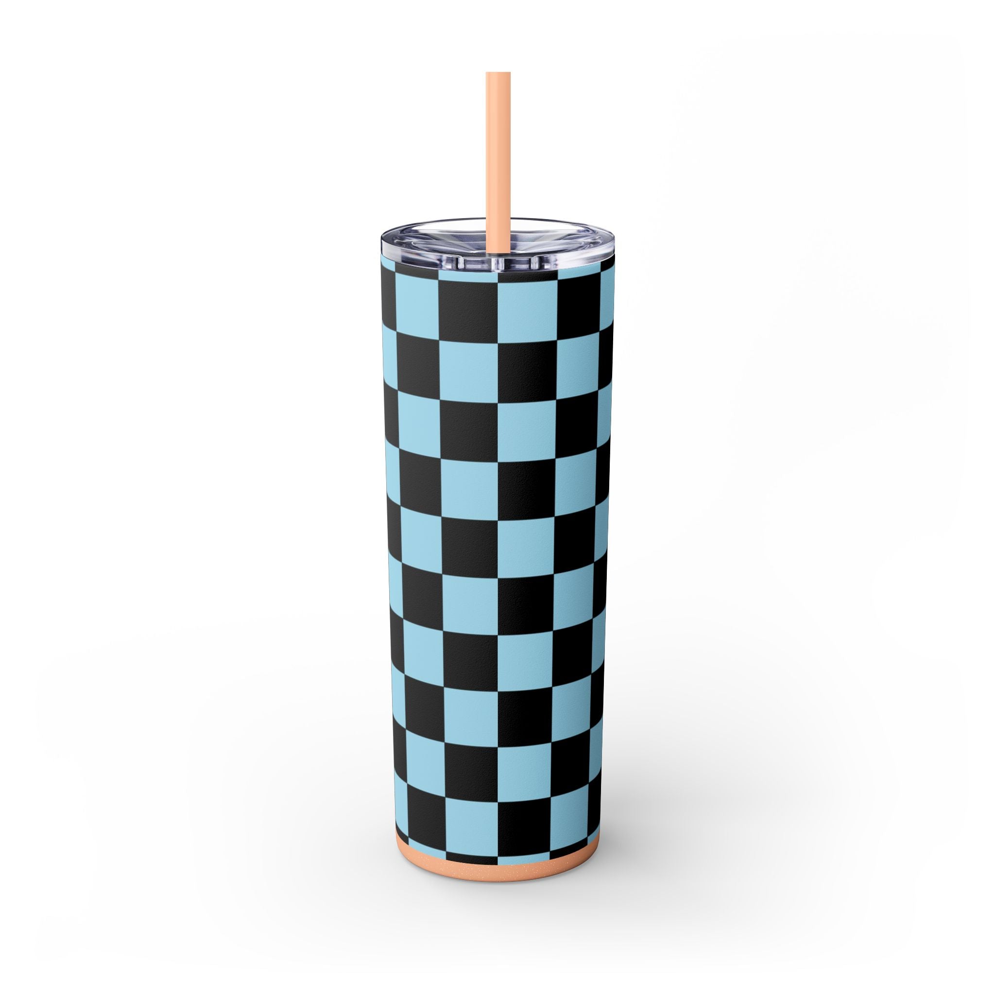Checkerboard Black and Blue Skinny Tumbler with Straw, 20oz, Artsulli - Art is Long, Life is Short, Mug, , , , , , , 