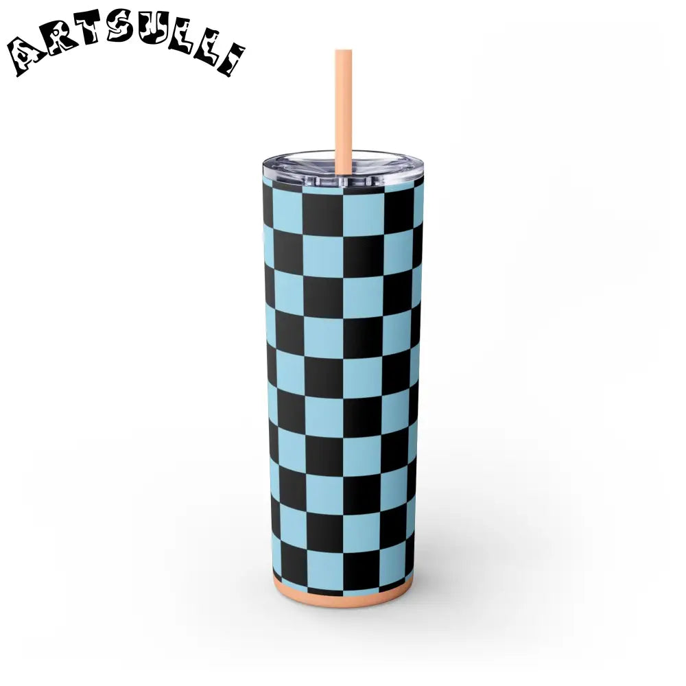 JAKKOUTTHEBXX Checkerboard Black and Blue Skinny Tumbler with Straw