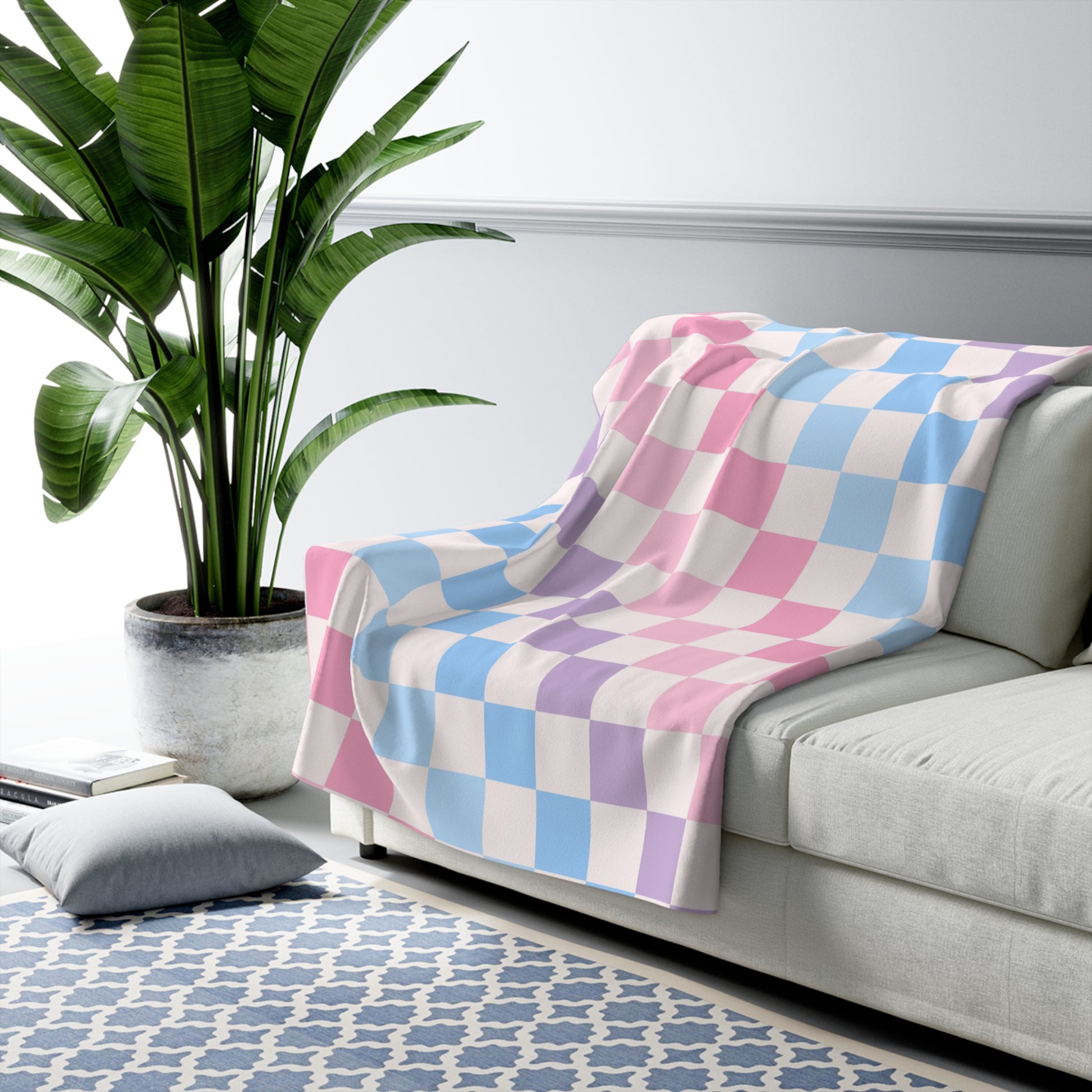 Checkerboard Pink and Blue Sherpa Fleece Blanket, Artsulli - Art is Long, Life is Short, Home Decor, , , , , , , 