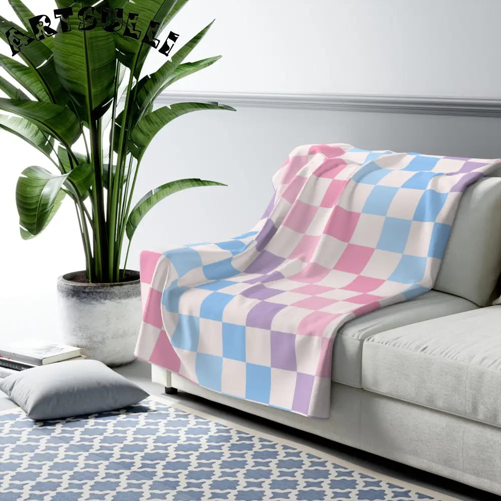 JAKKOUTTHEBXX Checkerboard Pink and Blue Sherpa Fleece Blanket
