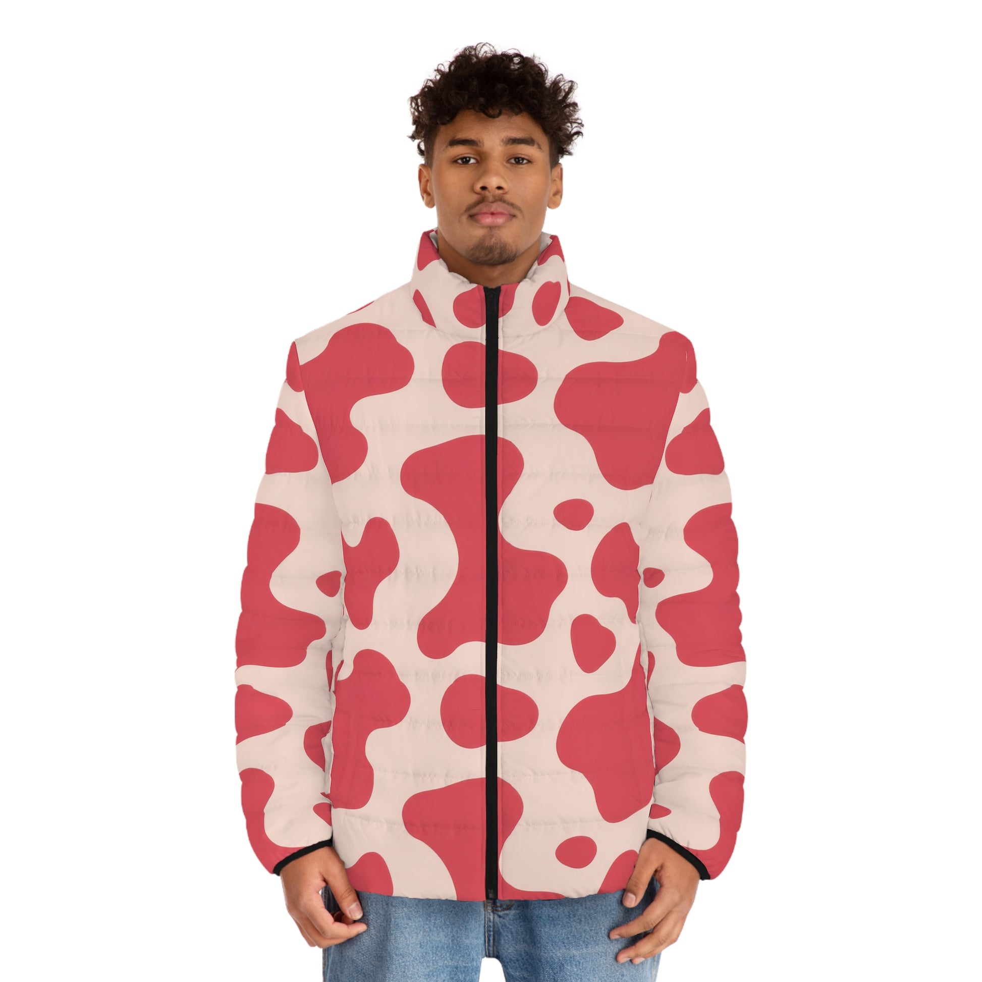 Red Jungle Cow Men's Puffer Jacket (AOP), Artsulli - Art is Long, Life is Short, All Over Prints, , , , , , , 