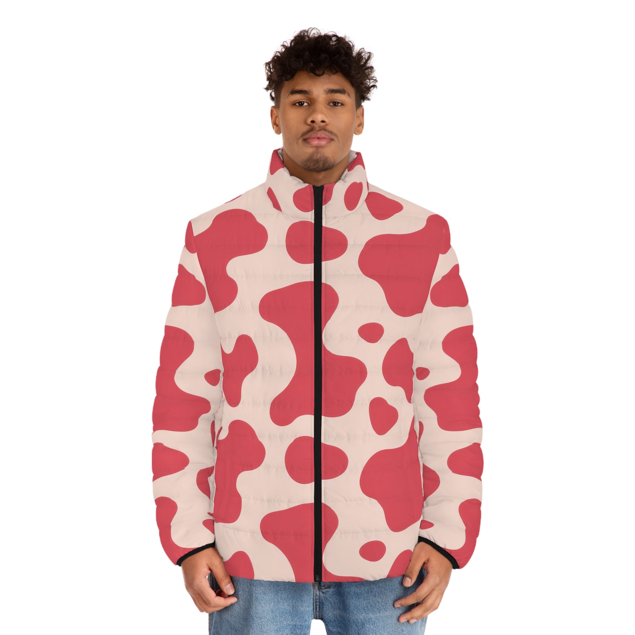 Red Jungle Cow Men's Puffer Jacket (AOP), Artsulli - Art is Long, Life is Short, All Over Prints, , , , , , , 
