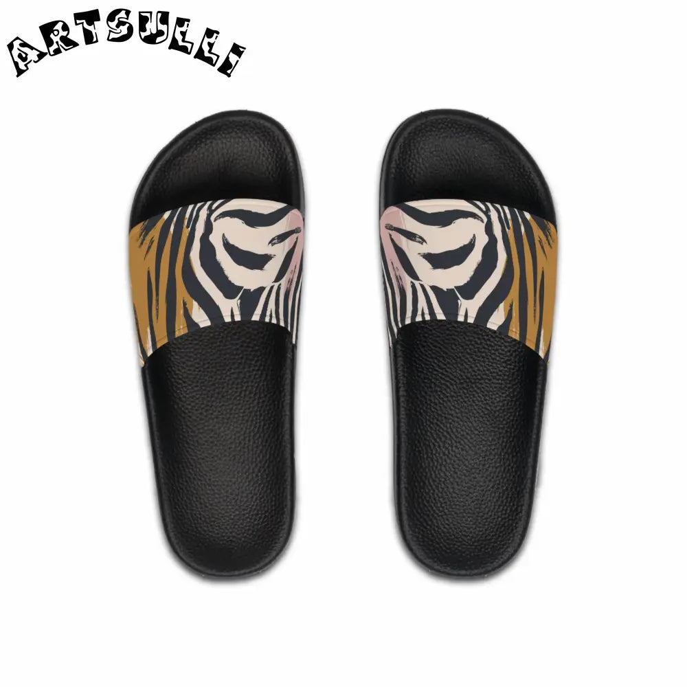 JAKKOUTTHEBXX Black Slide Sandals with Tiger Stripe Strap