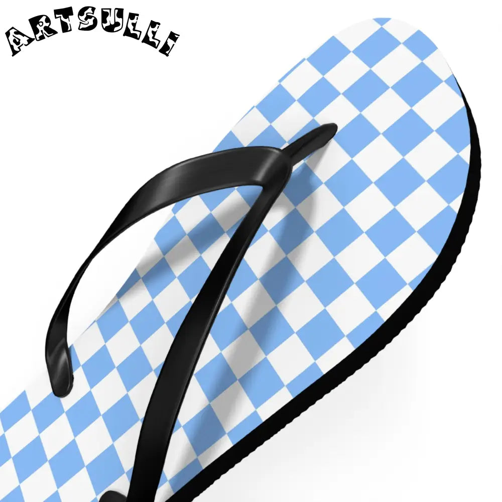 JAKKOUTTHEBXX Checkerboard White and Light Blue Flip Flops