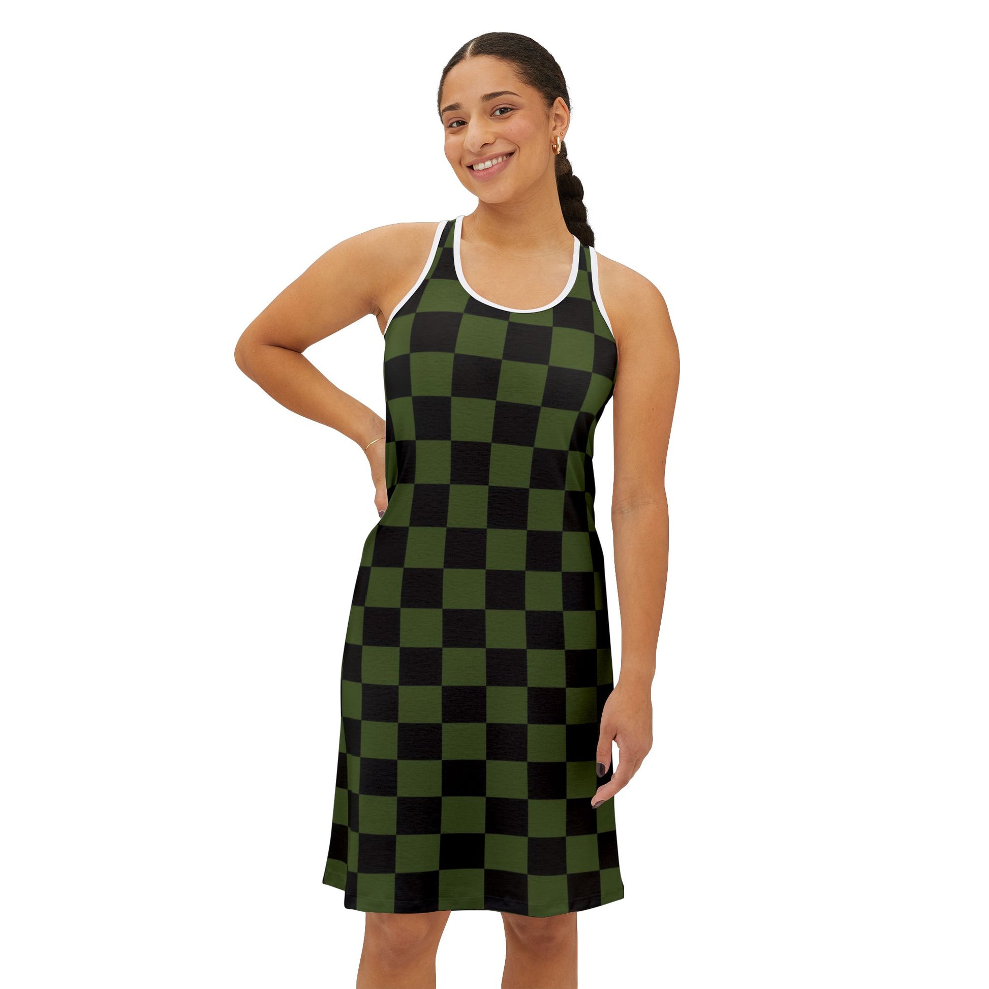 Checkerboard Olive Green and Black Women's Racerback Dress (AOP), Artsulli - Art is Long, Life is Short, Tank Top, , , , , , , 