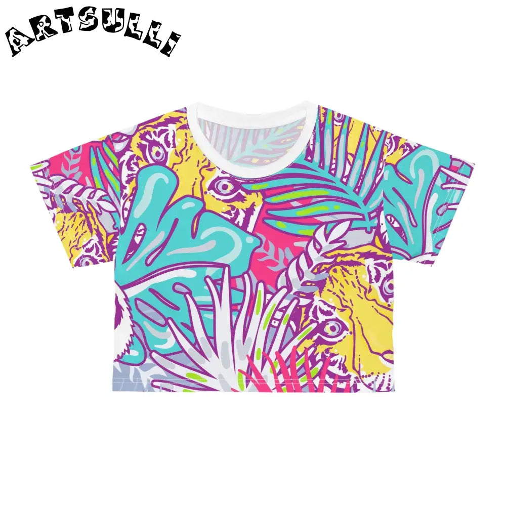 JAKKOUTTHEBXX Tropical Floral Tigers Torquise and Purple Crop Tee