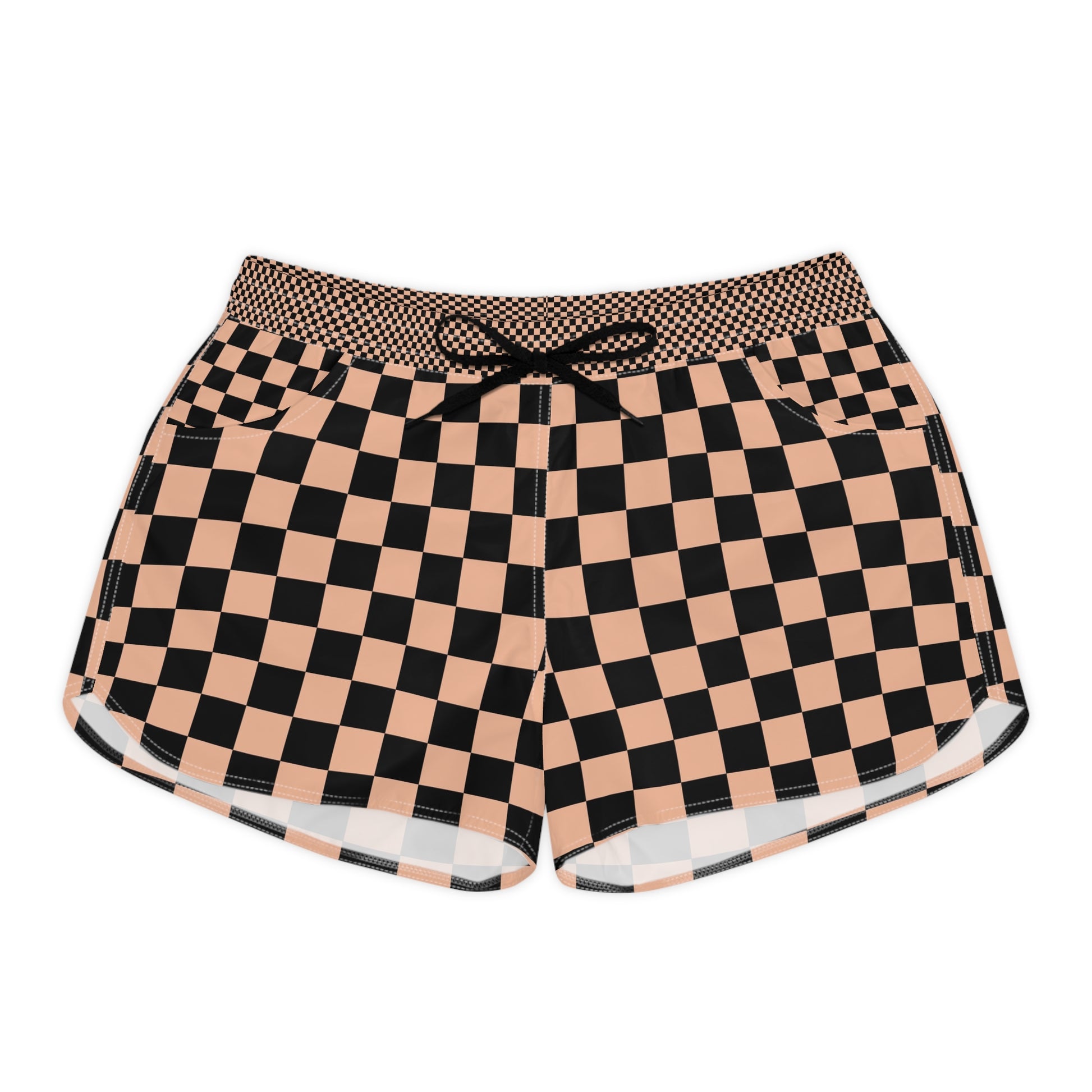 Checkerboard Soft Orange and Black Women's Casual Shorts (AOP), Artsulli - Art is Long, Life is Short, All Over Prints, Size, S, Color, Black drawstring, , , 31904710771444241842