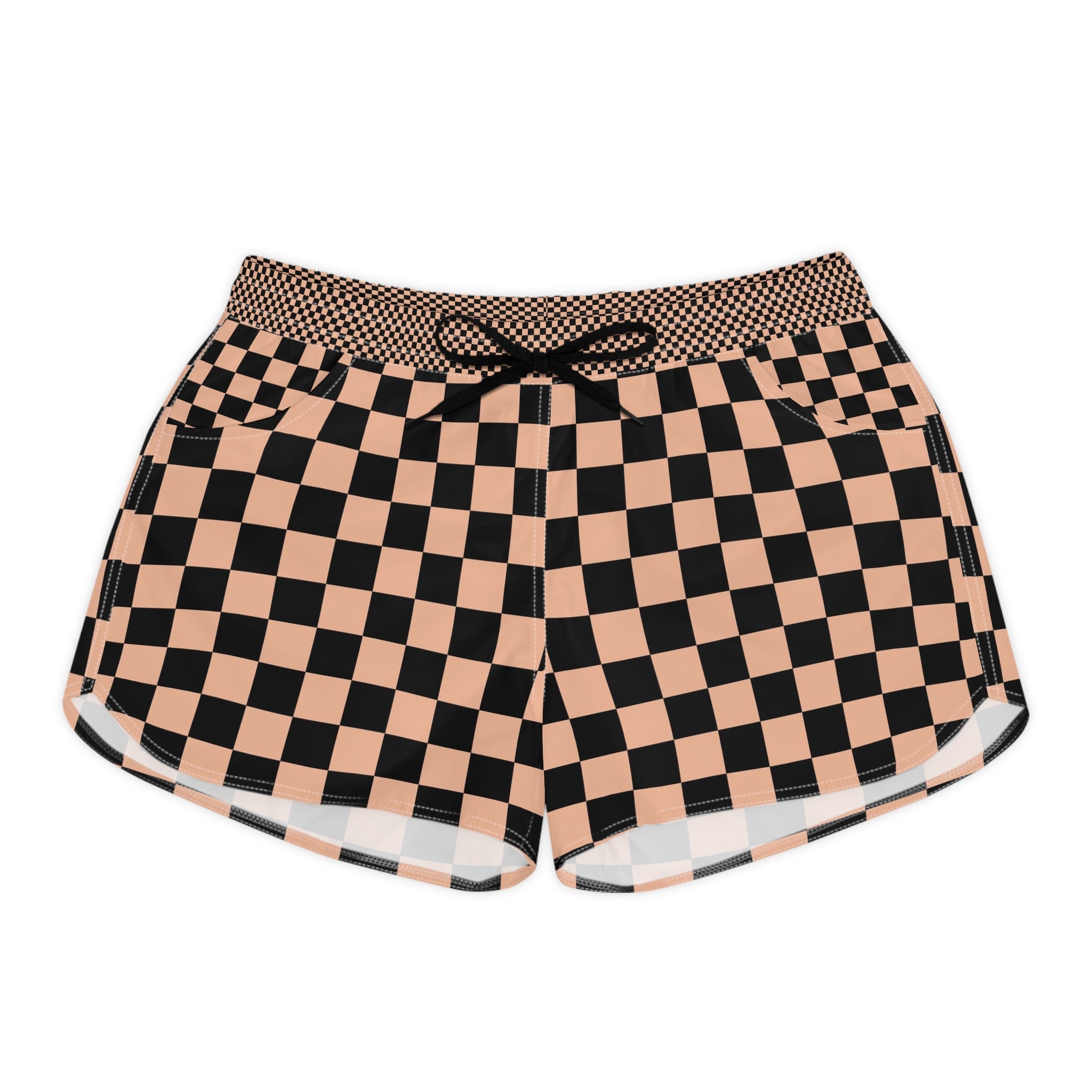 Checkerboard Soft Orange and Black Women's Casual Shorts (AOP), Artsulli - Art is Long, Life is Short, All Over Prints, Size, S, Color, Black drawstring, , , 31904710771444241842